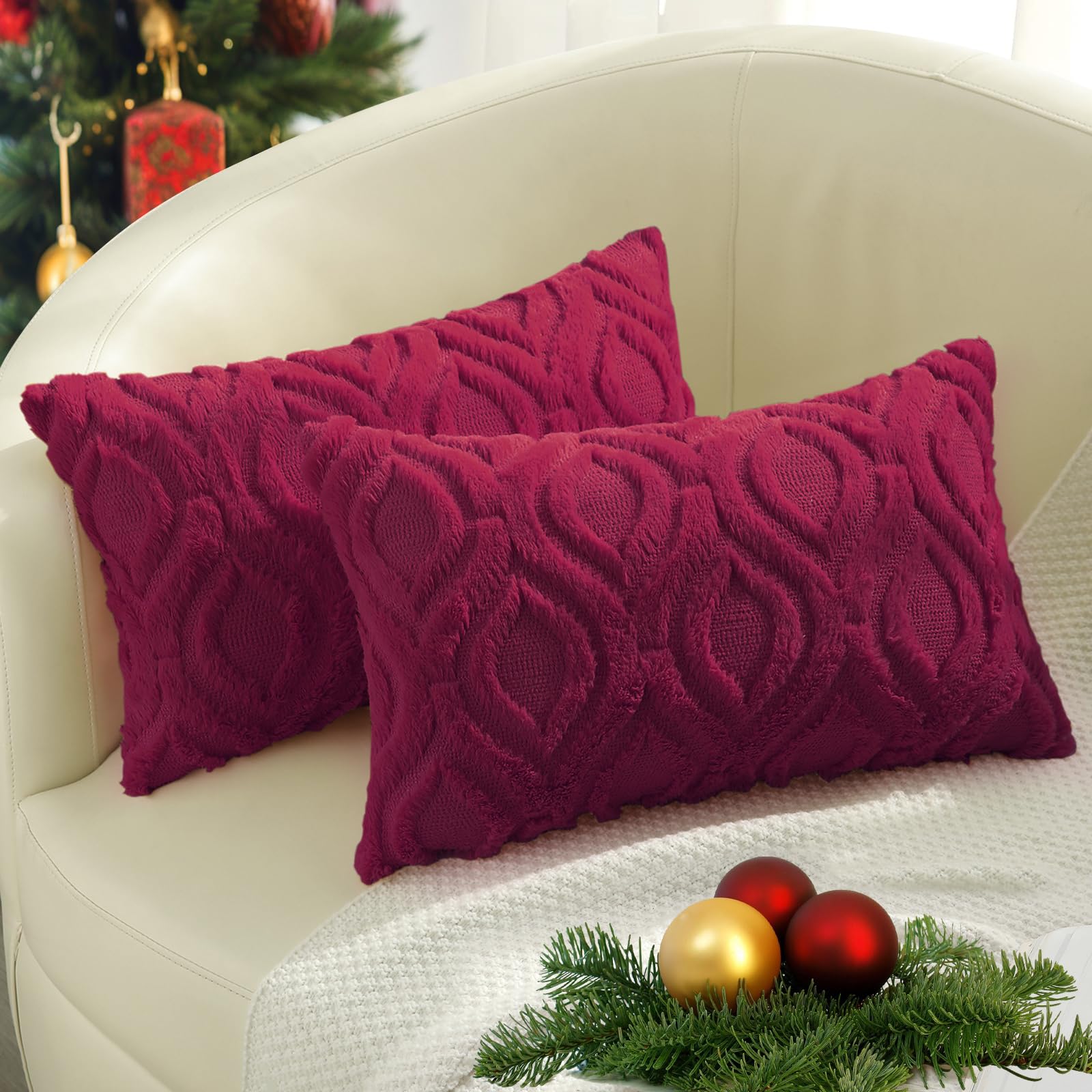 decorUhome Faux Fur Plush Soft Burgundy Throw Pillow Covers 12x20 Set of 2
