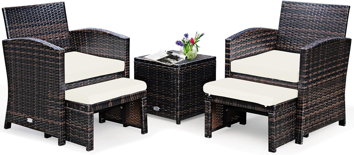 GIANTEX Juego de Muebles de Ratán para Exterior, Conjunto de Muebles 5 Piezas, 2 Sillones con Cojines, 2 Reposapiés y 1 Mesa de Café, Mesa con Espacio de Almacenamiento, para Terraza, Patio (Blanco)
