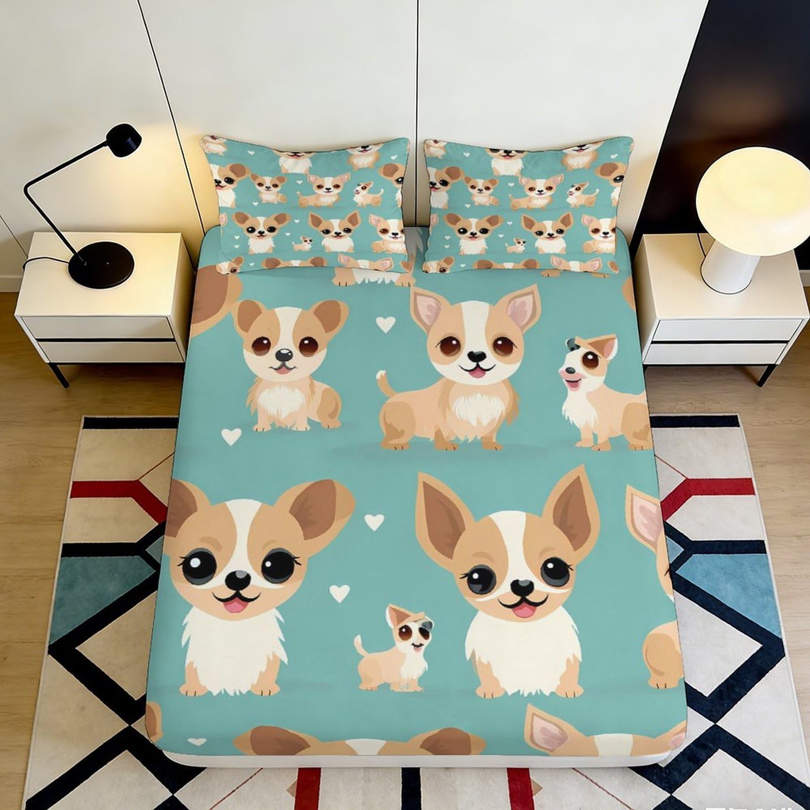 3D Printed Cute Chihuahua Fitted Sheet Microfiber Soft Anti-Slip Bed Cover for Bedroom Dorm Mattress Protection Decor 90x200x25cm