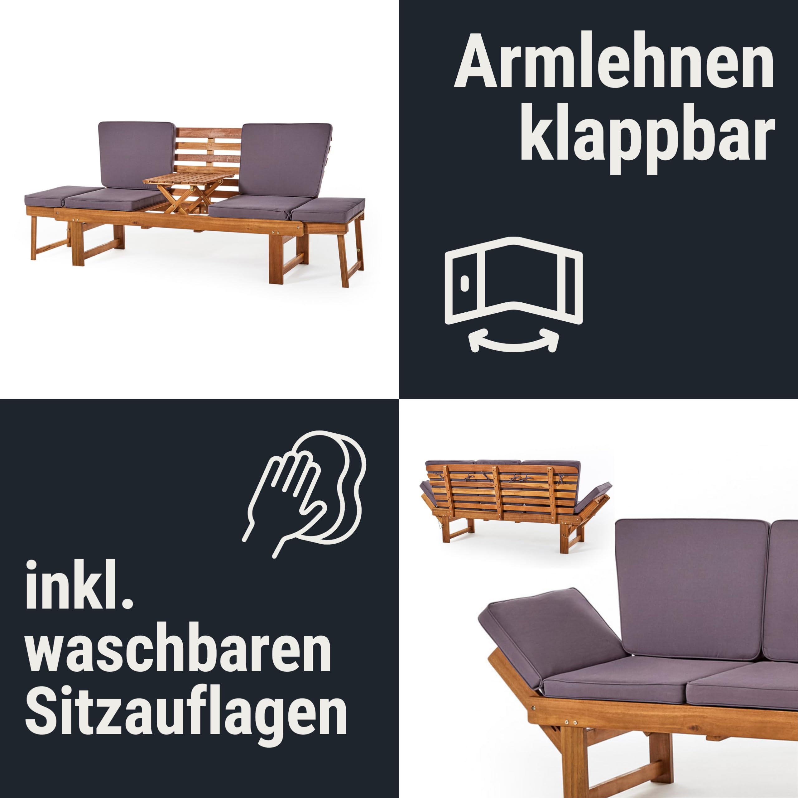 Gartenbank mit Tisch - 2 Sitzer Natur Holzbank aus Akazie Wetterfest Monte | Elegante Outdoor Sitzbank und Balkonmöbel Set, robuste Gartenbank Holz für Balkon & Terrasse, inklusive Kissenauflagen