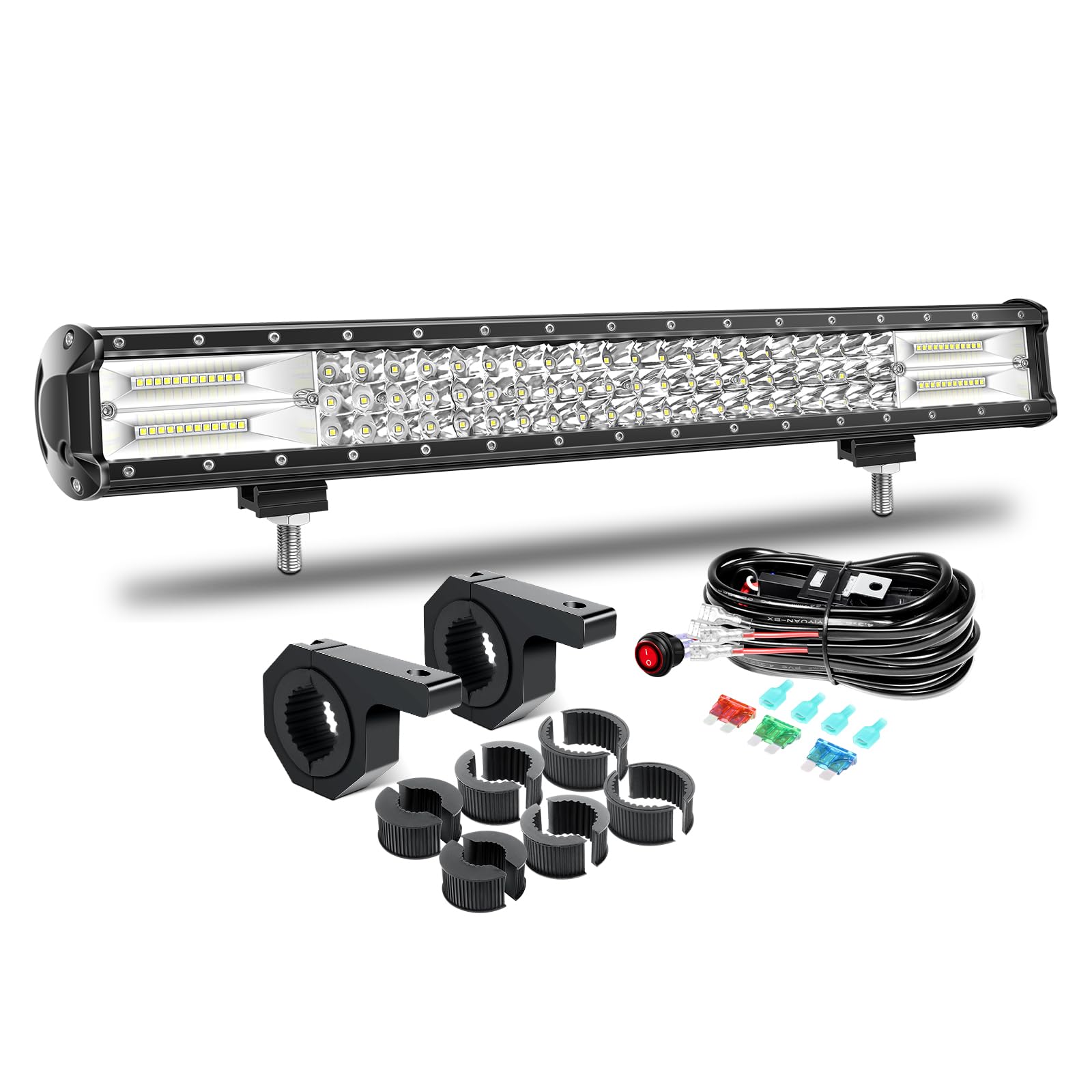 RIGIDON 23 Pulgadas 59 cm 324W barra de luz led y 12v kit de cableado, tubo abrazadera soporte de montaje, Barras luminosas led faros trabajo foco led para off road camión coche ATV 4x4 vehículos