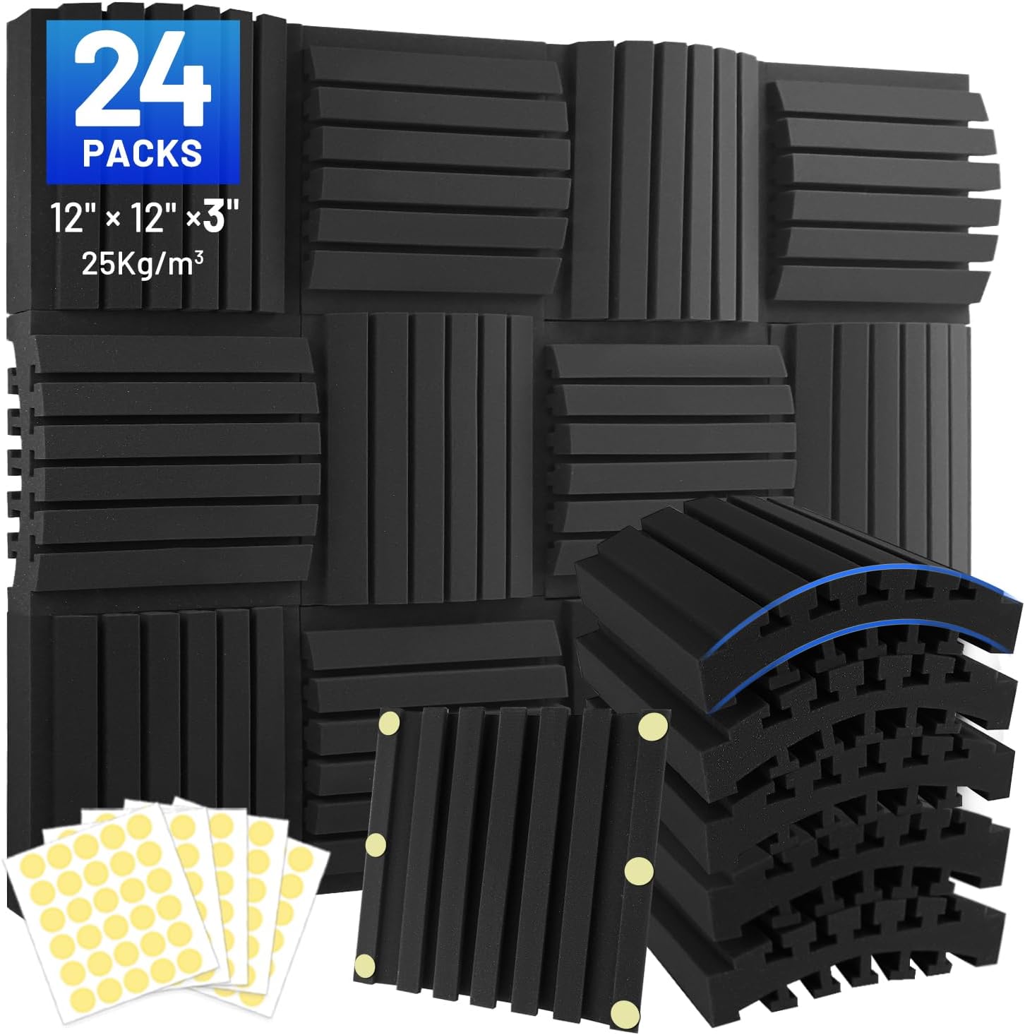 Focusound24 Pack Curved Acoustic Foam Panels 3" x 12" x 12" Sound Proof Foam Panels Soundproofing Noise Cancelling Wedge Panels for Home Office Recoding Studio with 330 PCS Double-Side Adhesive
