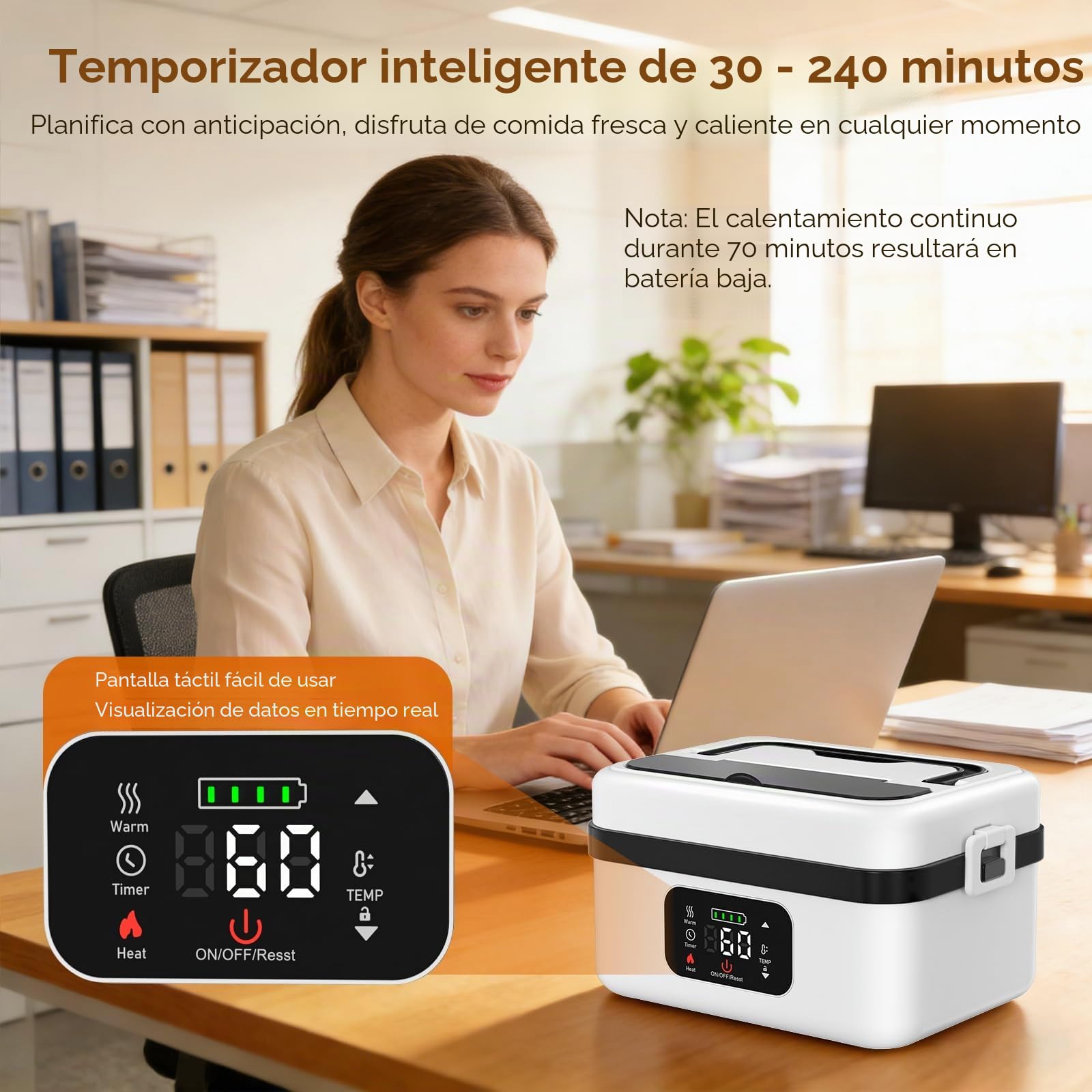 Fiambrera Electrica,Calentador de Comida Portatil 1L para Comida con Pantalla Táctil,Lonchera Termica con Vajilla de Acero Inoxidable y Bolsa Aislante para Coche(Blanco y negro)