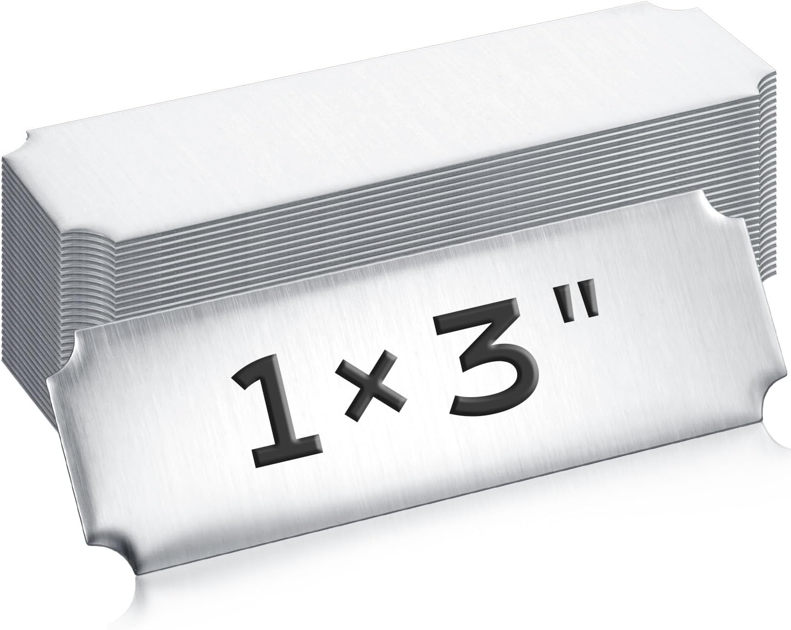 Therwen 30 Pcs Name Plates Laser Engraved Brushed Stainless Steel Plate Personalized Plaque Blank Custom Name Tag Frame Label with Adhesive Backing(Silver,1''x 3'',Notched Corner)