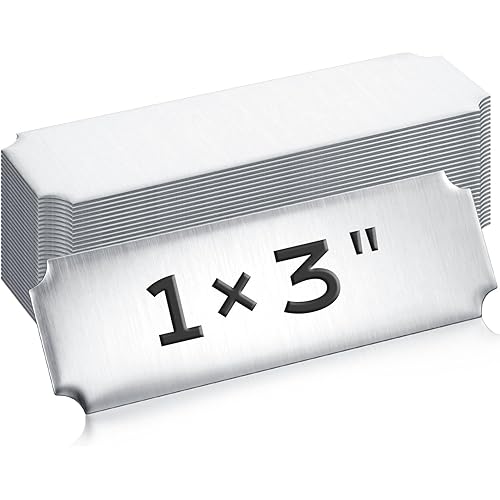 Therwen 30 Pcs Name Plates Laser Engraved Brushed Stainless Steel Plate Personalized Plaque Blank Custom Name Tag Frame Label with Adhesive Backing(Silver,1''x 3'',Notched Corner)