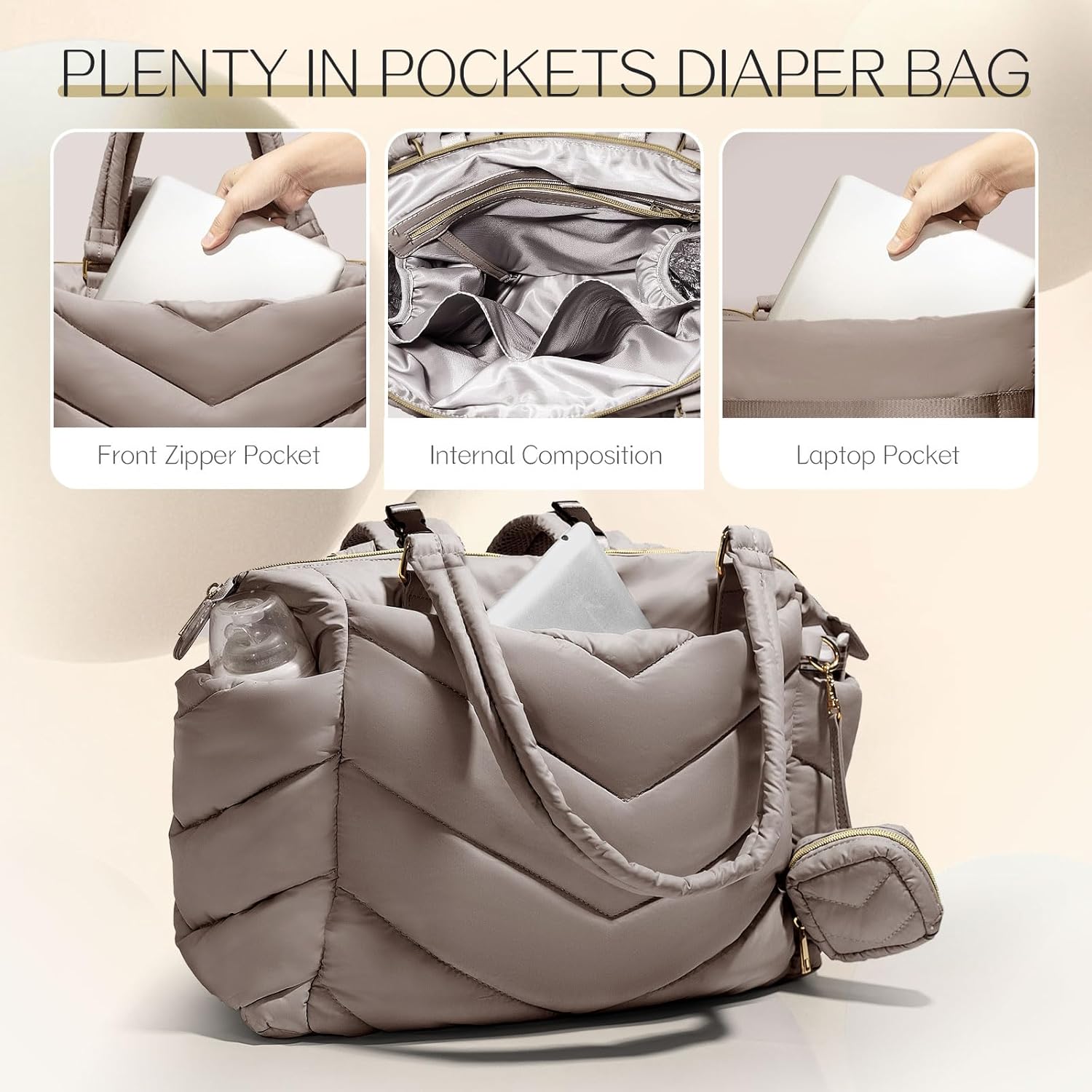 Diaper Bag Tote, Diaper Bag Backpack,Puffer Tote Bag with Pacifier Case, Lightweight Mommy for Hospital, Puffy with 10 Pockets, Convertible Baby for Travel,Khaki - Image 5