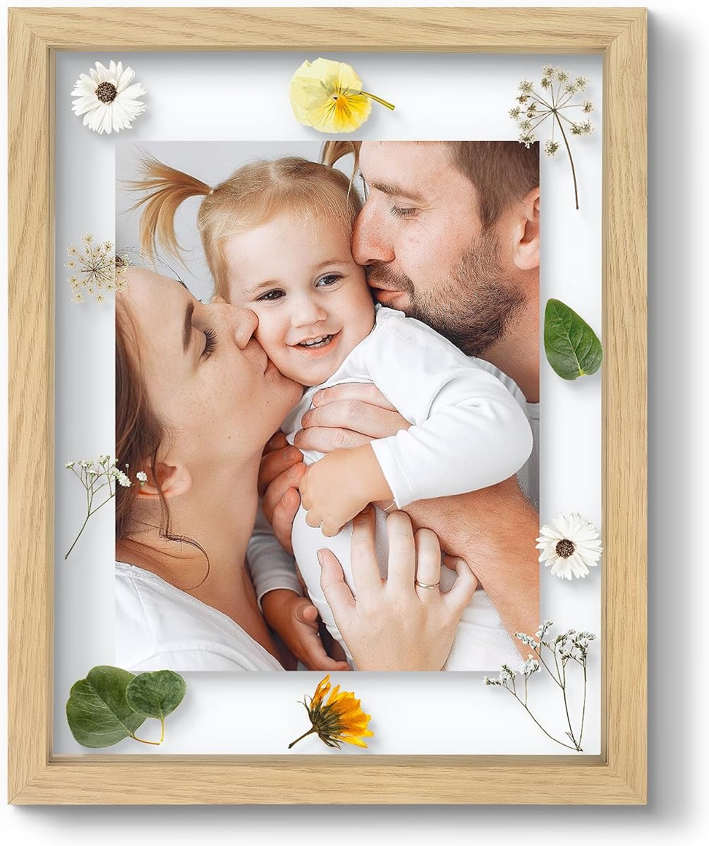 Marco de fotos flotante de 11 x 14 – Madera maciza natural para flores prensadas | 1 paquete, cristal real del frente, uso como marco de fotos de 8 x 10 o 5 x 7, para exhibición de montaje en pared (madera natural)