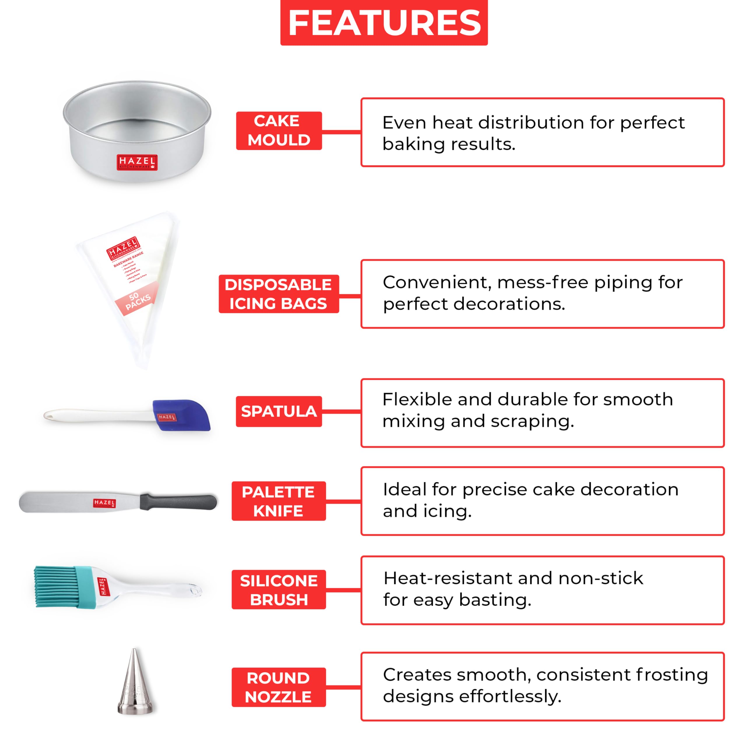 HAZEL 6-Piece DIY Bakeware Combo Set (Cake Mould, 50 Piping Bags, Nozzle, Statula, Silicon Brush, Pallet Knife) 1