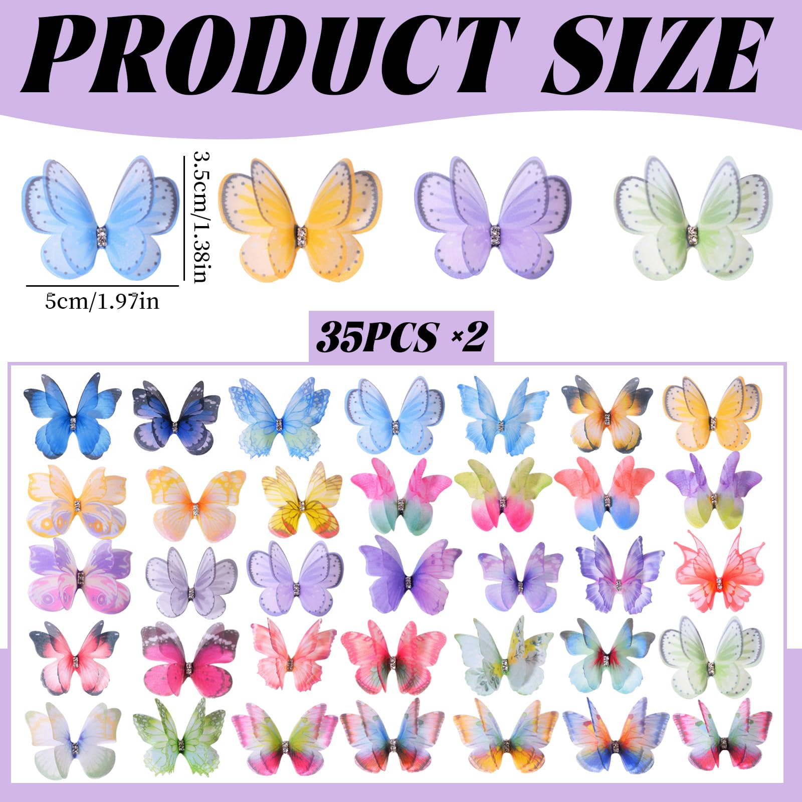 70 Piezas 3D Mariposas Decorativas, 3,5 x 5cm Mariposas de Organza de Tela de Gasa Translúcida, 35 Estilos, Organza Alas de Mariposa para Manualidades Joyería Decoraciones de Boda Habitaciones