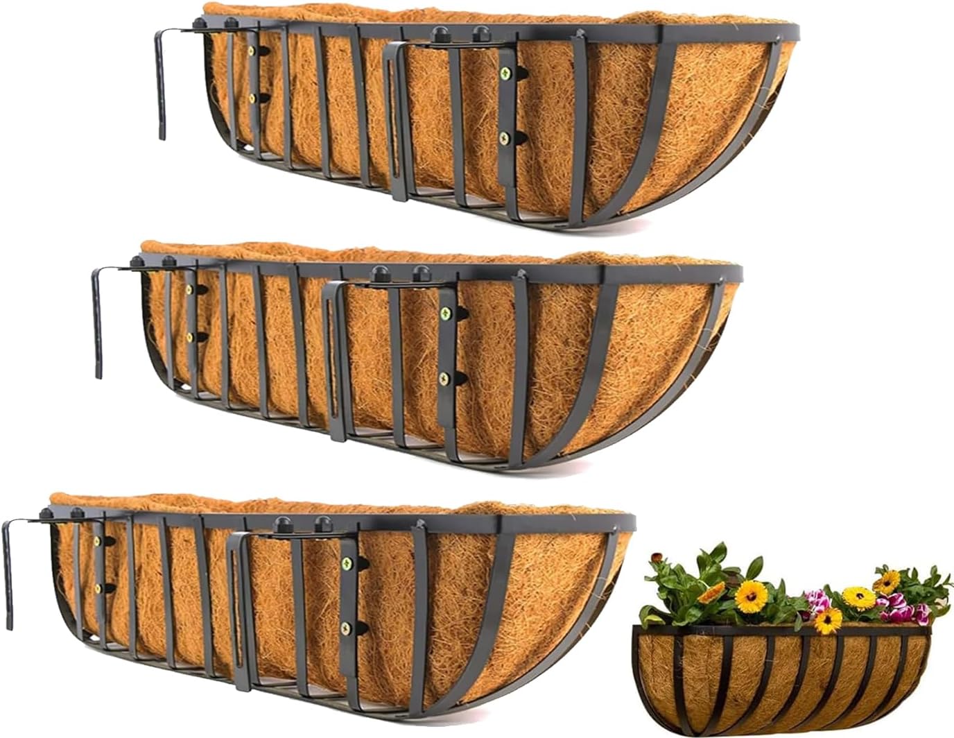 30 Inch Window Box Planters 4 Pack with Coco Liners, Rustproof Metal Hanging Flower Boxes for Outdoor Railing, Fence and Window Sill （4 Pack）