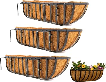 24 Inch Window Box Planters 3 Pack with Coco Liners, Rustproof Metal Hanging Flower Boxes for Outdoor Railing, Fence and Window Sill 3 Pack