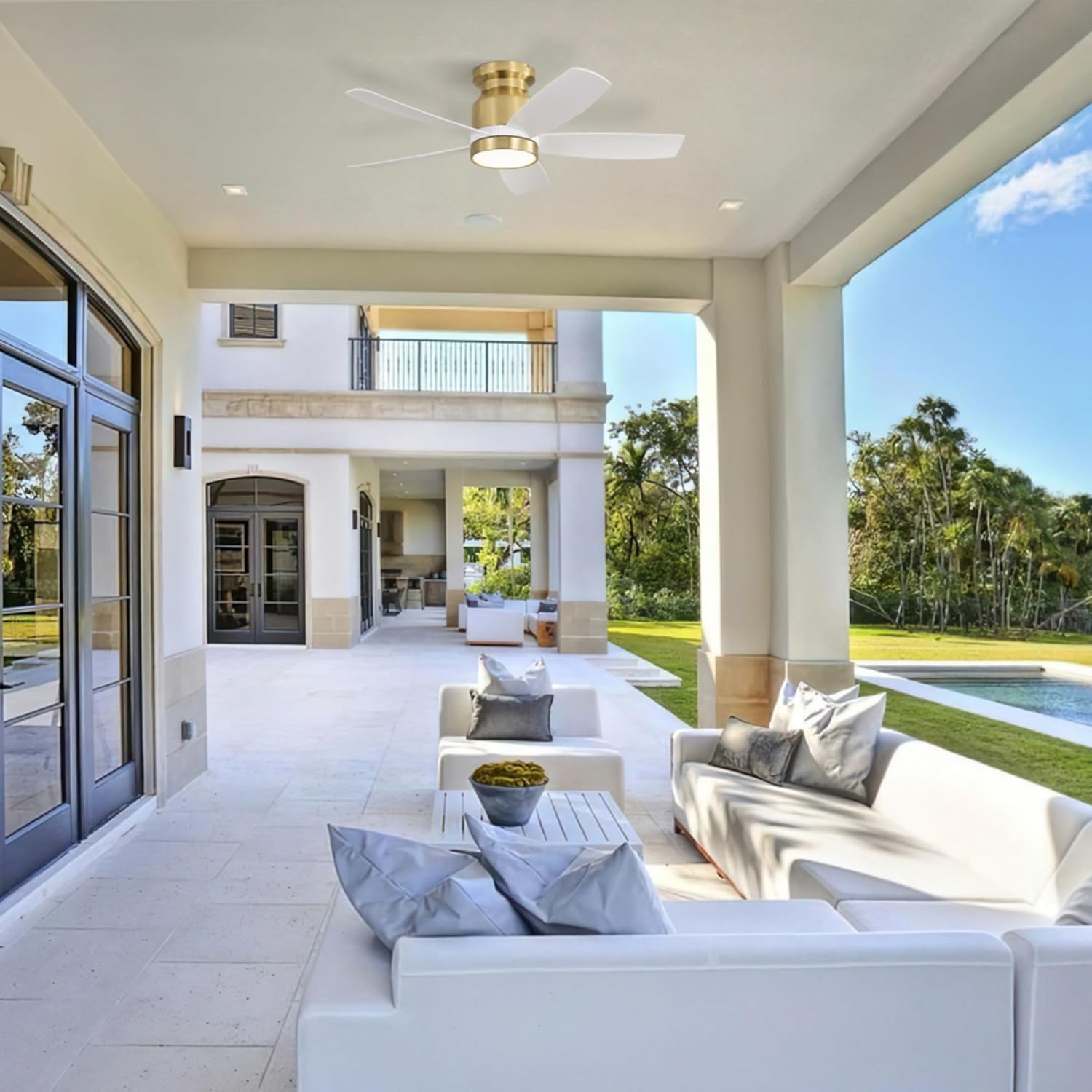 42 Inch Flush Mount Ceiling Fan with 18W LED Light, Remote Control, 5 ABS Blades, Dimmable Lighting with 3 Light Modes, Reversible Quiet DC Motor, Timer, for Bedroom, Living Room, Dining Room