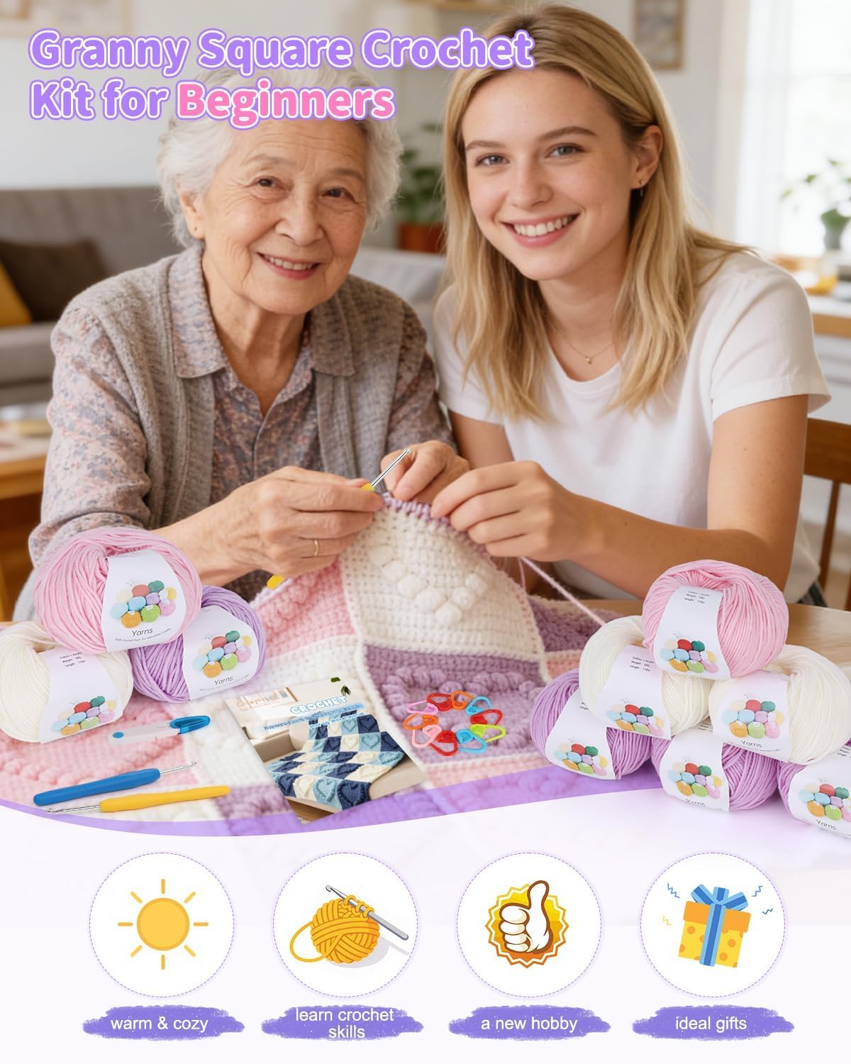 Coopay Häkeldecke Kit, Decke Häkelsets für Anfänger Erwachsene, Komplettes Starter-Häkelset mit Schritt-für-Schritt-Video & genug Garn, einfach zu häkeln 3D Love Granny Square Decke, Rosa-Lila