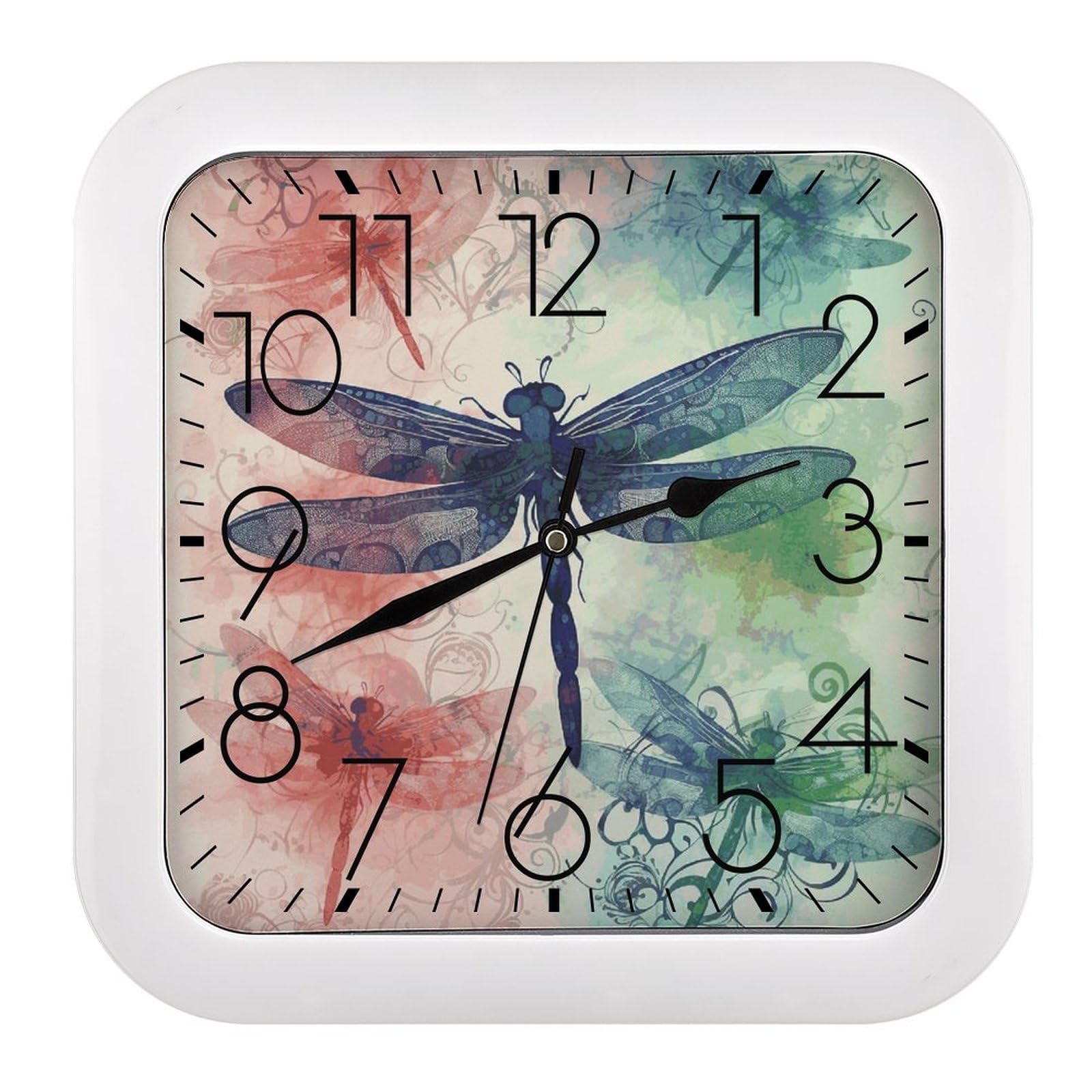 LDGSUPH Modern Dragonfly Wall Clock Silent Non-Ticking Modern Clock Personalized Vintage Square Clocks for Travel Office Kitchen Home Decorative Clocks 10.2 Inch