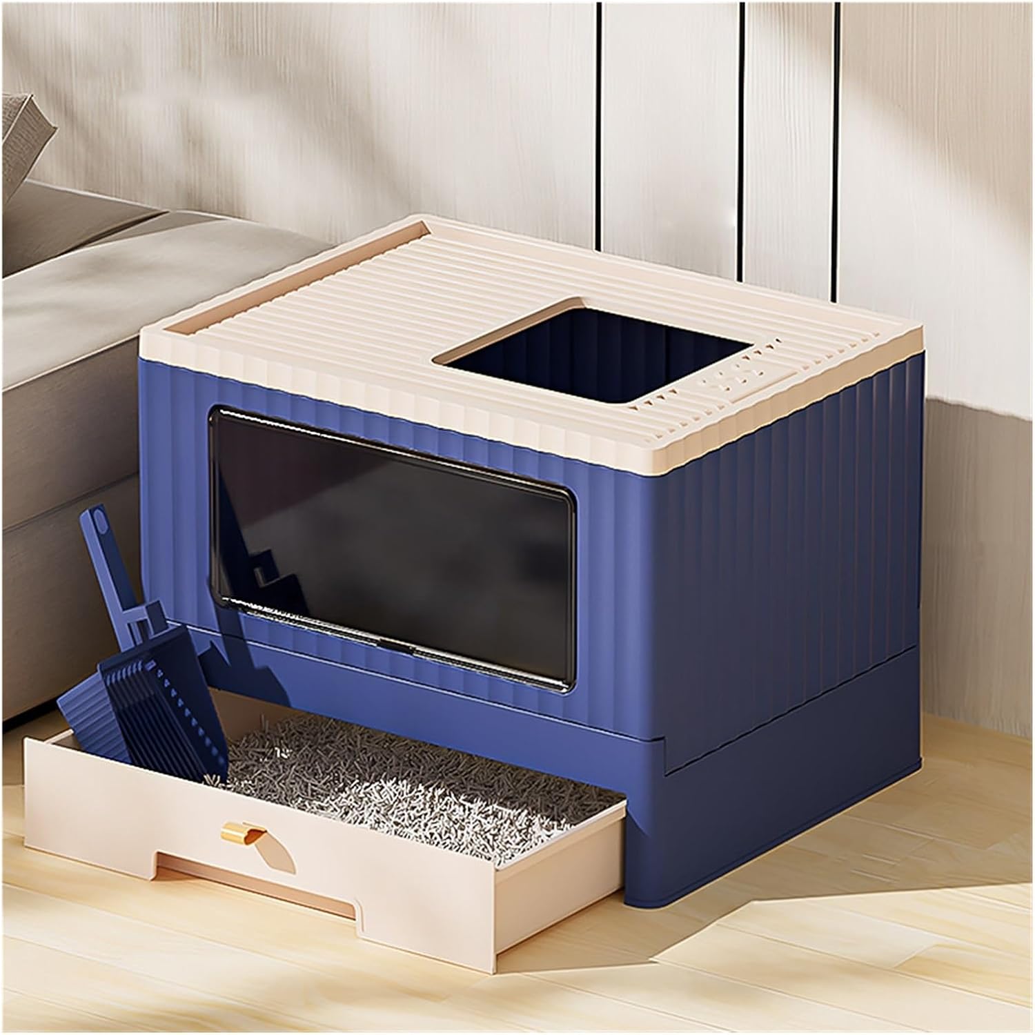 Litterbox Foldable Cat Litter Box with Lid, Top Entry Anti-Splashing Cat Toilet, Enclosed Cat Potty with Cat Litter Scoop, Non-Sticky, Easy Clean Cat Litter Tray(Gris)