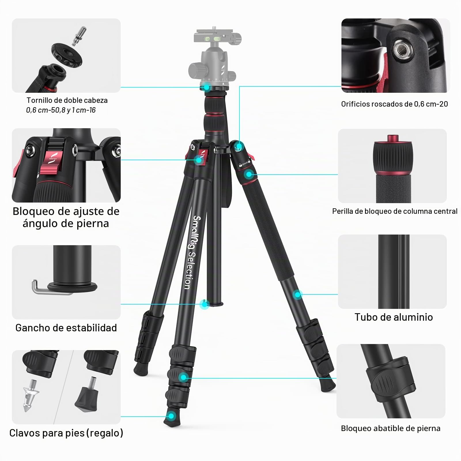 SMALLRIG Trípode para Cámara de 68", Trípode y Monopié de Aluminio Plegable, Compatible con Cabezal de Video de 1/4"-20 y 3/8"-16, Carga de 33 LB, Altura Ajustable de 19.7" a 67.7" - 3983