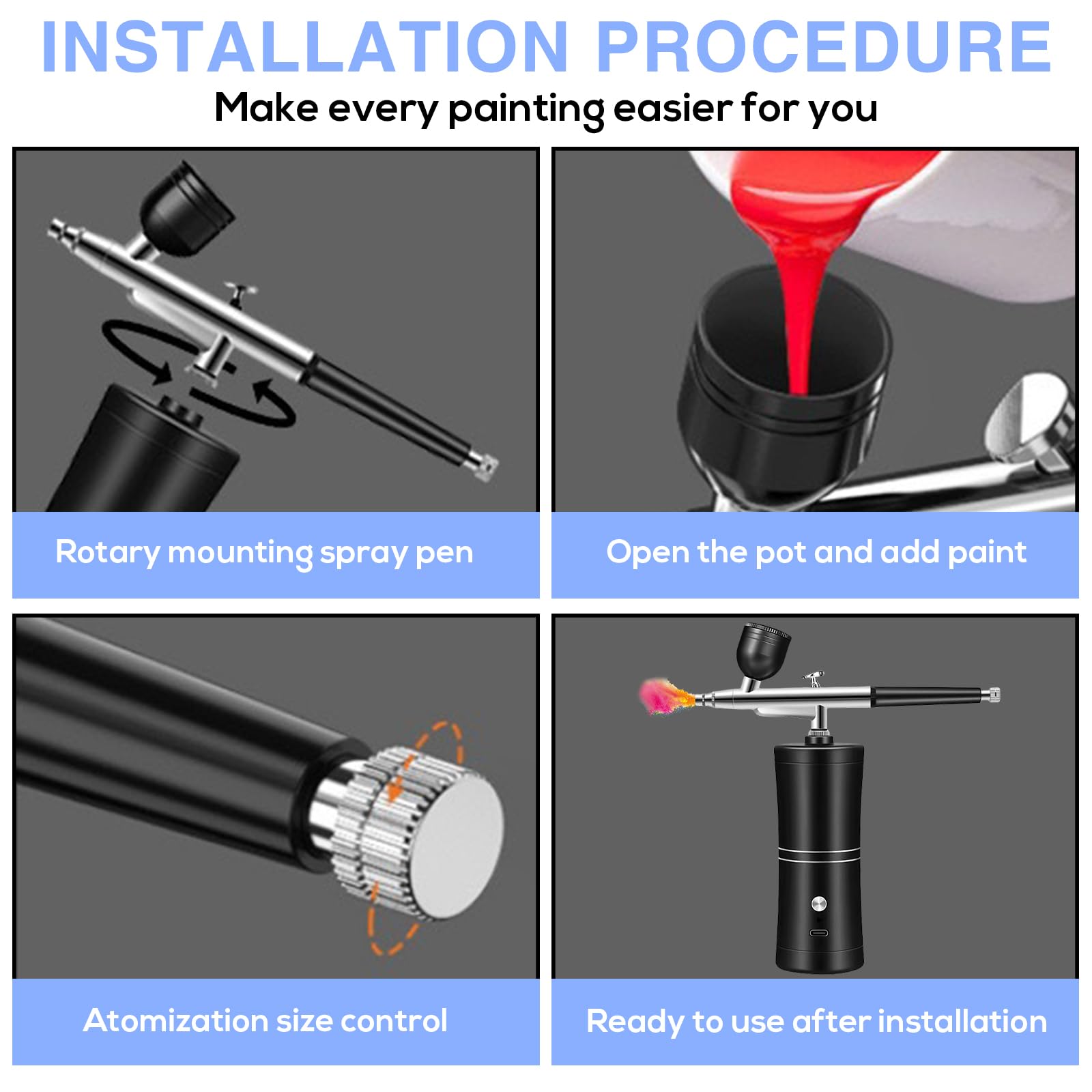 Set Aerografo, Kit Aerografo, Set Aerografo Senza Fili, Aerografo Con Compressore USB Ricaricabile, Kit Aerografo Con Compressore Per Pittura Di Modelli, Trucco, Barbiere, Decorazione Di Torte (Nero)