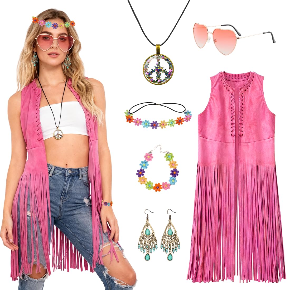 Aurasky Hippie Kostüm Damen, Hippie Fransenweste Brille Peace Halskette Haarband Armband Ohrringe, 70er Jahre Bekleidung Damen, Cowgirl Kostüm für Mottoparty Fasching Karneval