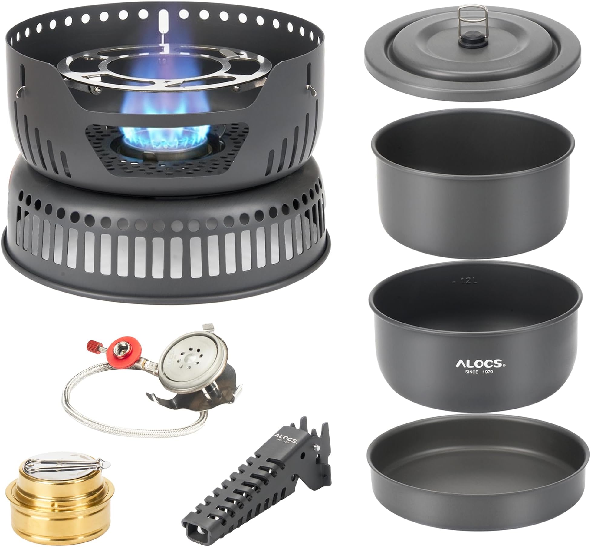 ALOCS 11-Piece Lightweight Camping Cookware Set With Alcohol & Gas Stove Burner, Portable Cooking Gear for Hiking & Outdoor Picnics