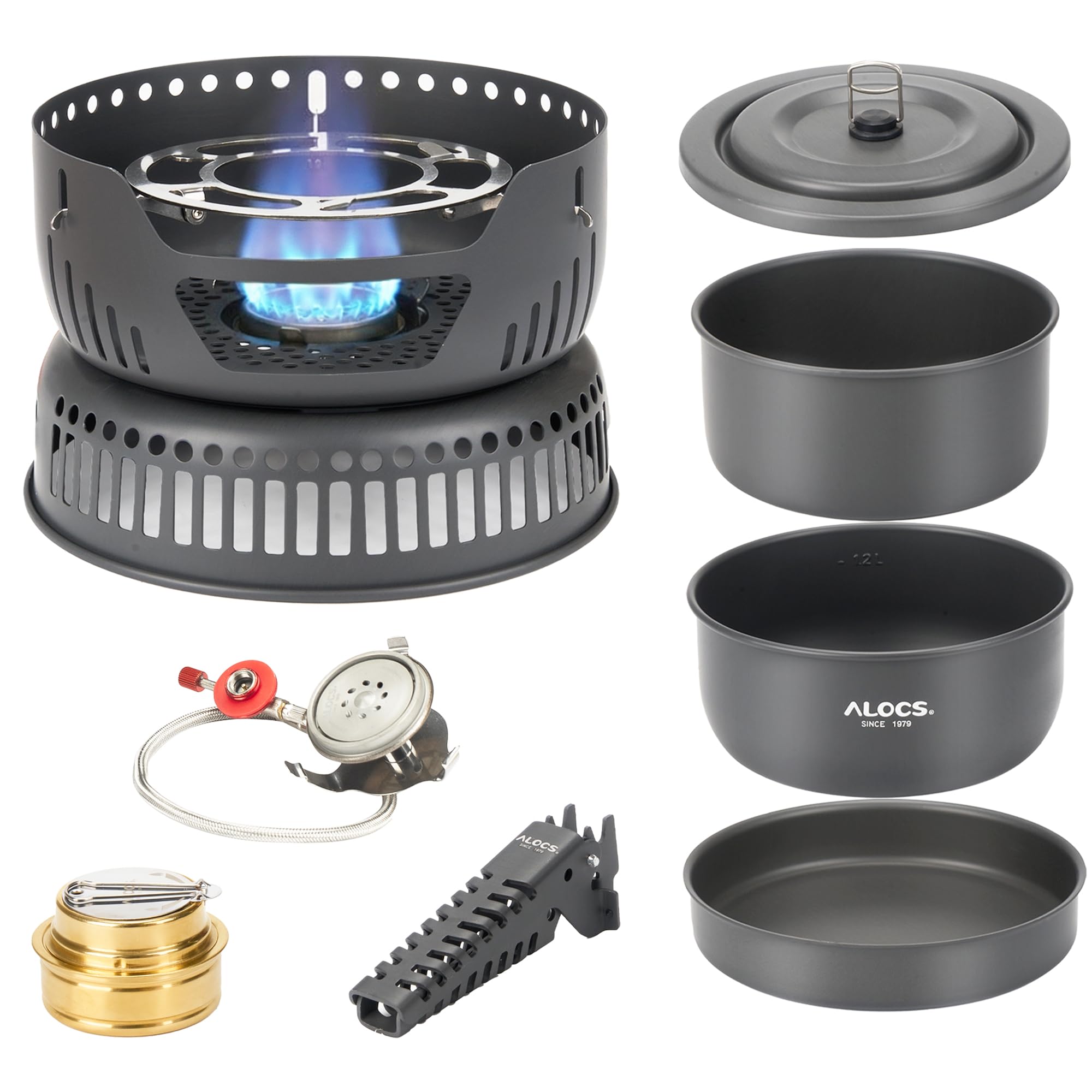 ALOCS Camping Cookware - 11 Piece Lightweight Camp Cooking Set with Portable Camping Stove & Gas Stove Burner - Durable Compact Camping Pot for Hiking Car Camping Vanlife RV