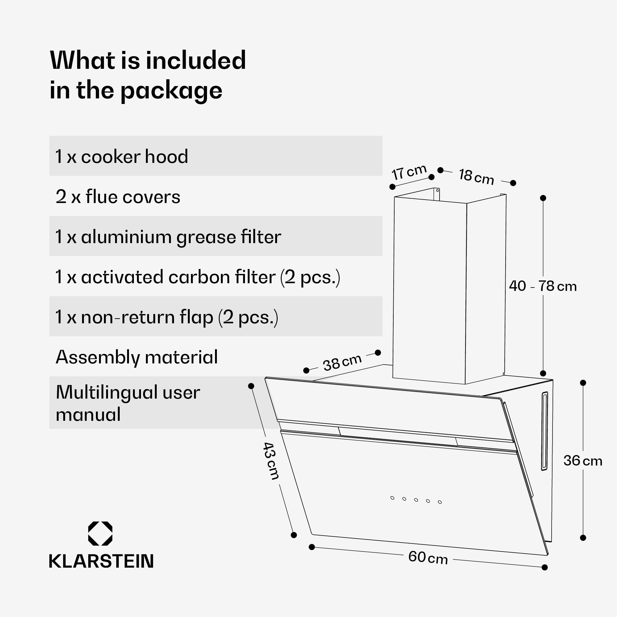 Klarstein Alina Okap kuchenny przyścienny – 60 cm, przepływ 600 m³/h, klasa energetyczna A, sterowanie dotykowe, podświetlenie LED w 9 kolorach, cichy 52 dB, czarny, tryb wyciągu i recyrkulacji