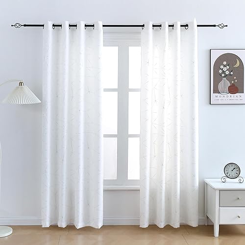 Taisier Home Silver Geometric Line Grommet Top Curtains, Lightweight Semi Sheer 