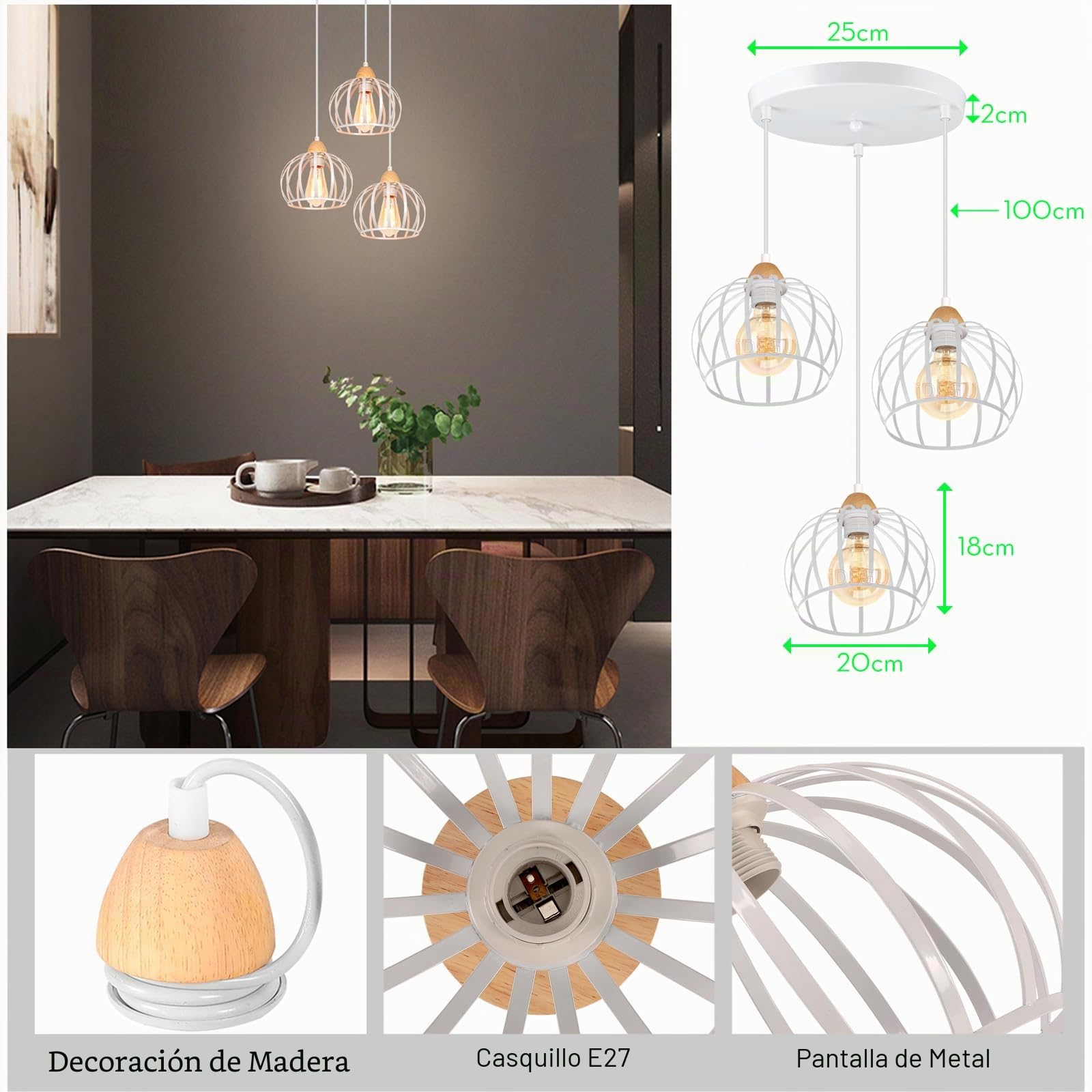 iDEGU 3 Luces Lámpara Colgante Vintage Lámpara de Techo en Madera y Metal Industrial Lámpara de Araña Diseño Jaula Retro Iluminación E27 Luz Colgante para Salón Dormitorio Cocina (Redondo, Blanco)