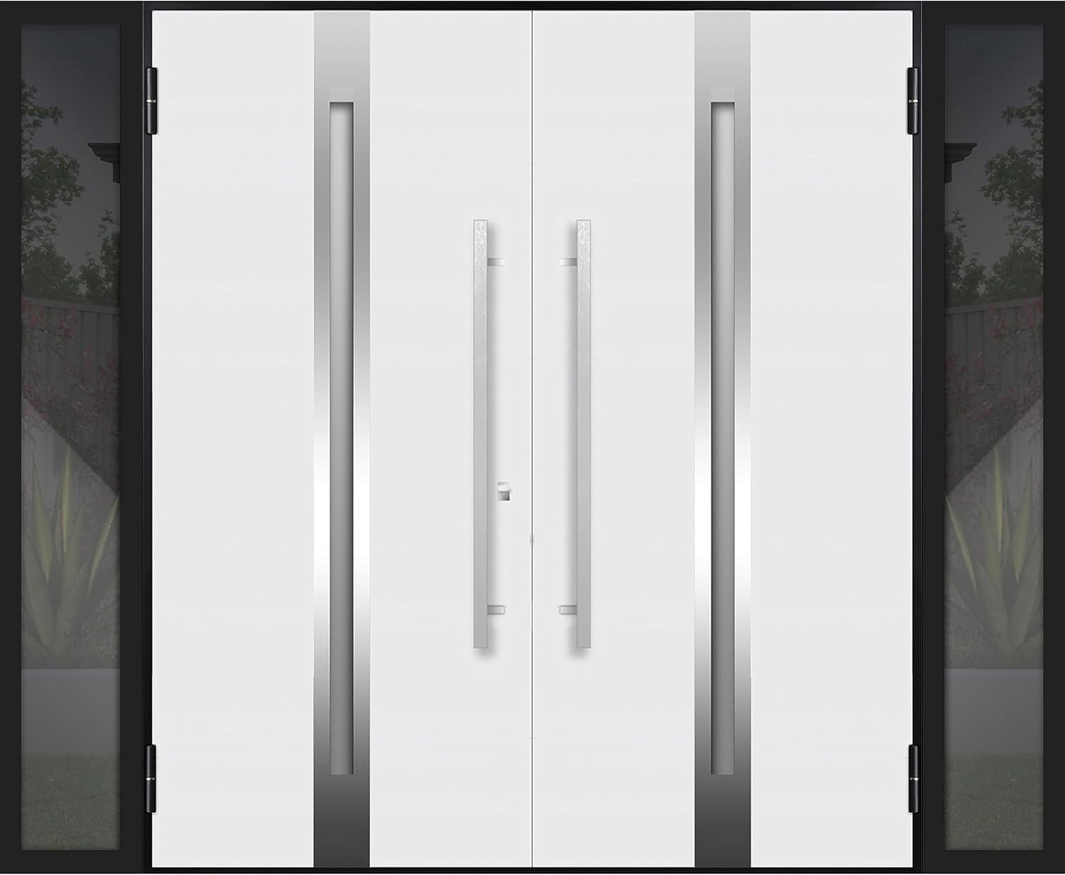VDOMDOORS Front Exterior Prehung Metal Double Doors/Deux 1744 Natural Oak Frosted Glass / 2 Sidelites Exterior Black Windows/Entry Modern Painted Right Inswing Active Door 100" x 80"