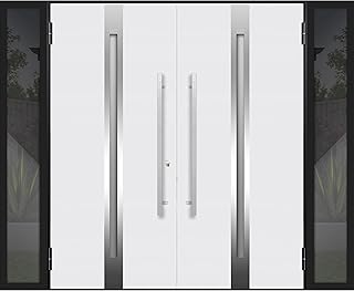 VDOMDOORS Front Exterior Prehung Metal Double Doors/Deux 1744 Natural Oak Frosted Glass / 2 Sidelites Exterior Black Windows/Entry Modern Painted Left Inswing Active Door 104" x 80"