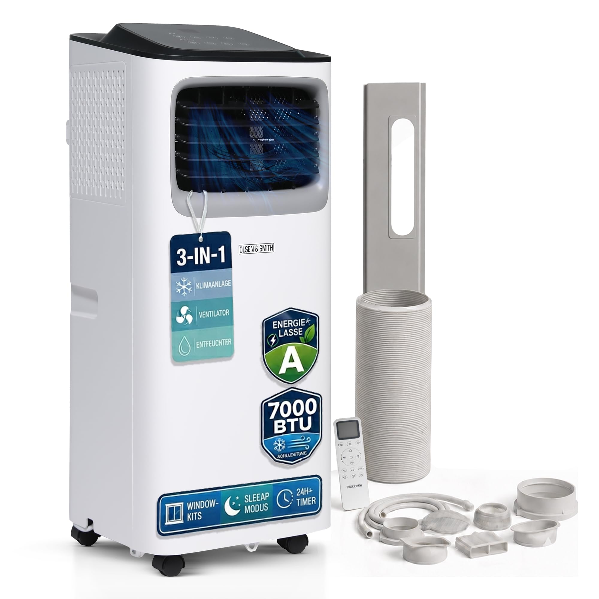 Olsen & Smith 7000 BTU Mobile Klimaanlage & Luftentfeuchter - 3-in-1 Klimagerät mit Abluftschlauch für kleine Räume, Schiebefenster-Adapter, 24h-Timer & Fernbedienung - Leise Mini Klimaanlage, Weiß