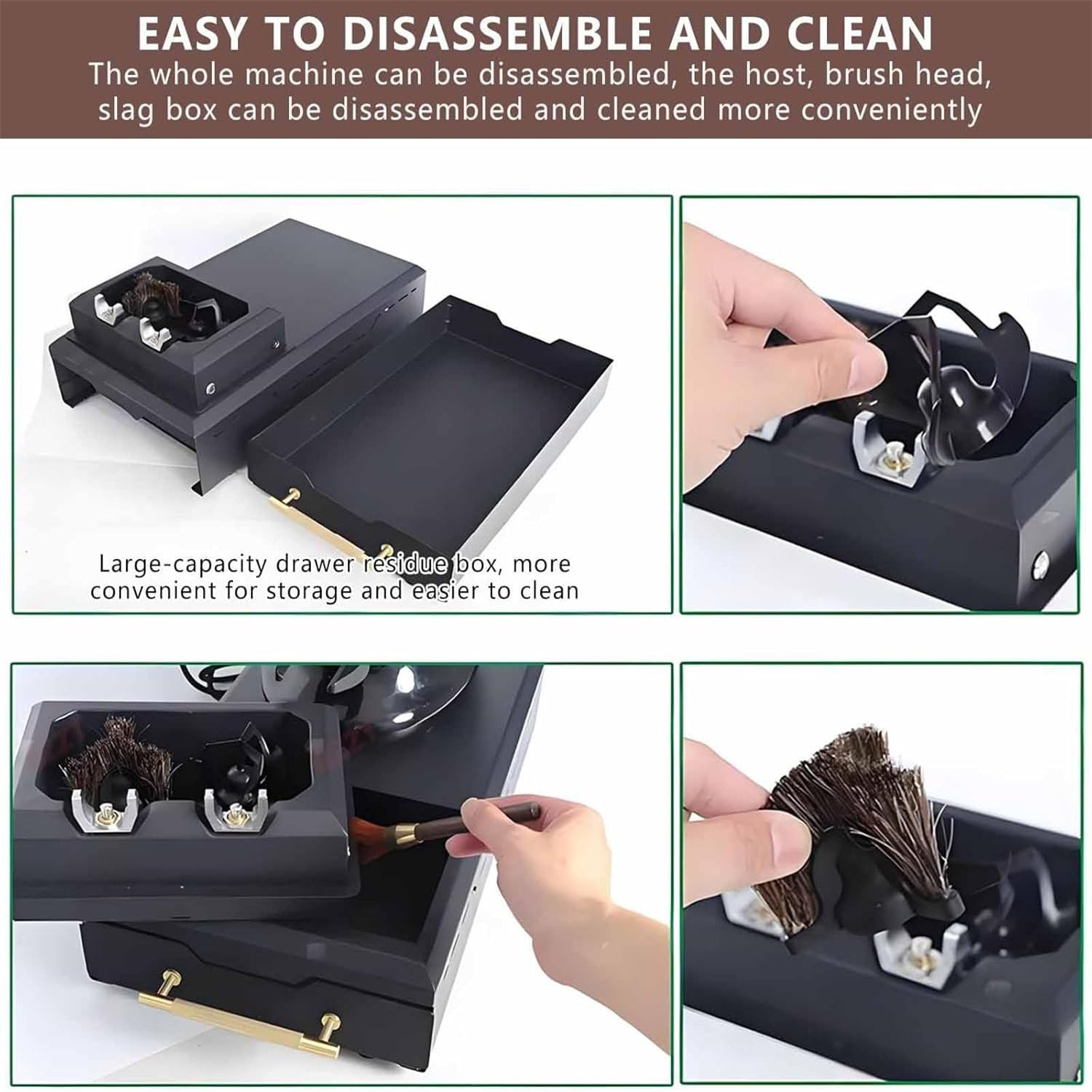 Limpiador automático de posos de café con raspadores y cepillo para un lavado rápido del portafiltro