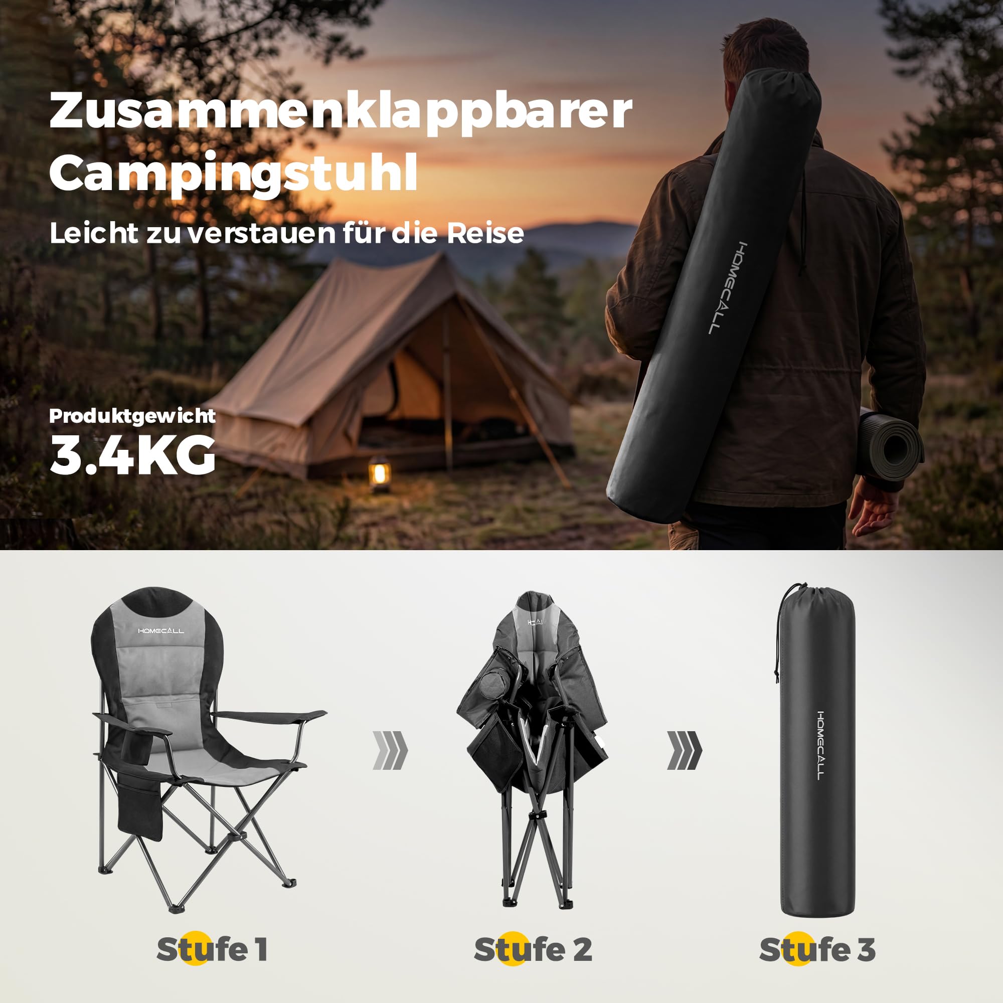 Homecall Campingstuhl Faltbar 150kg Belastbar Campingstuhl Hochlehner 108cm mit Lendenwirbelstütze, Gepolstert Klappstuhl Camping Stuhl Angelstuhl Faltbar für Garten Picknick (Grau - 1 Stück)