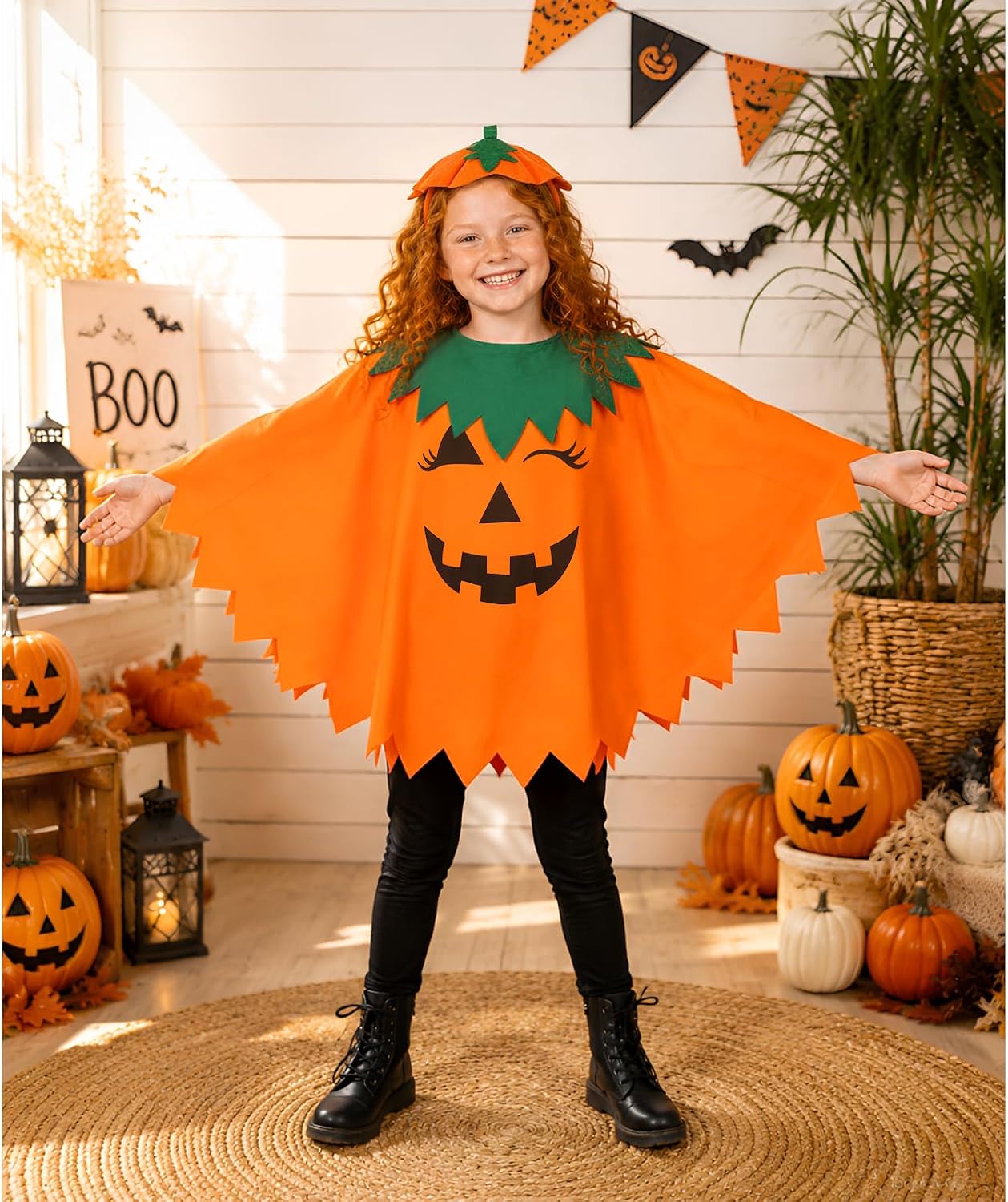 GLIGLITTR Girls Halloween Outfit Pumpkin Face Poncho Top and Headband 4-12Y