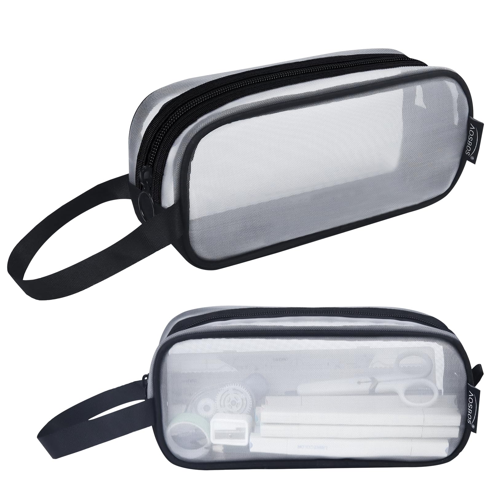 Aosbos Mesh Pencil Case, Clear Pencil Pouch Pencil Bags, Transparent Pen Holder Bag, Multi-Purpose Organizer Box with Portable Strap, White and Black