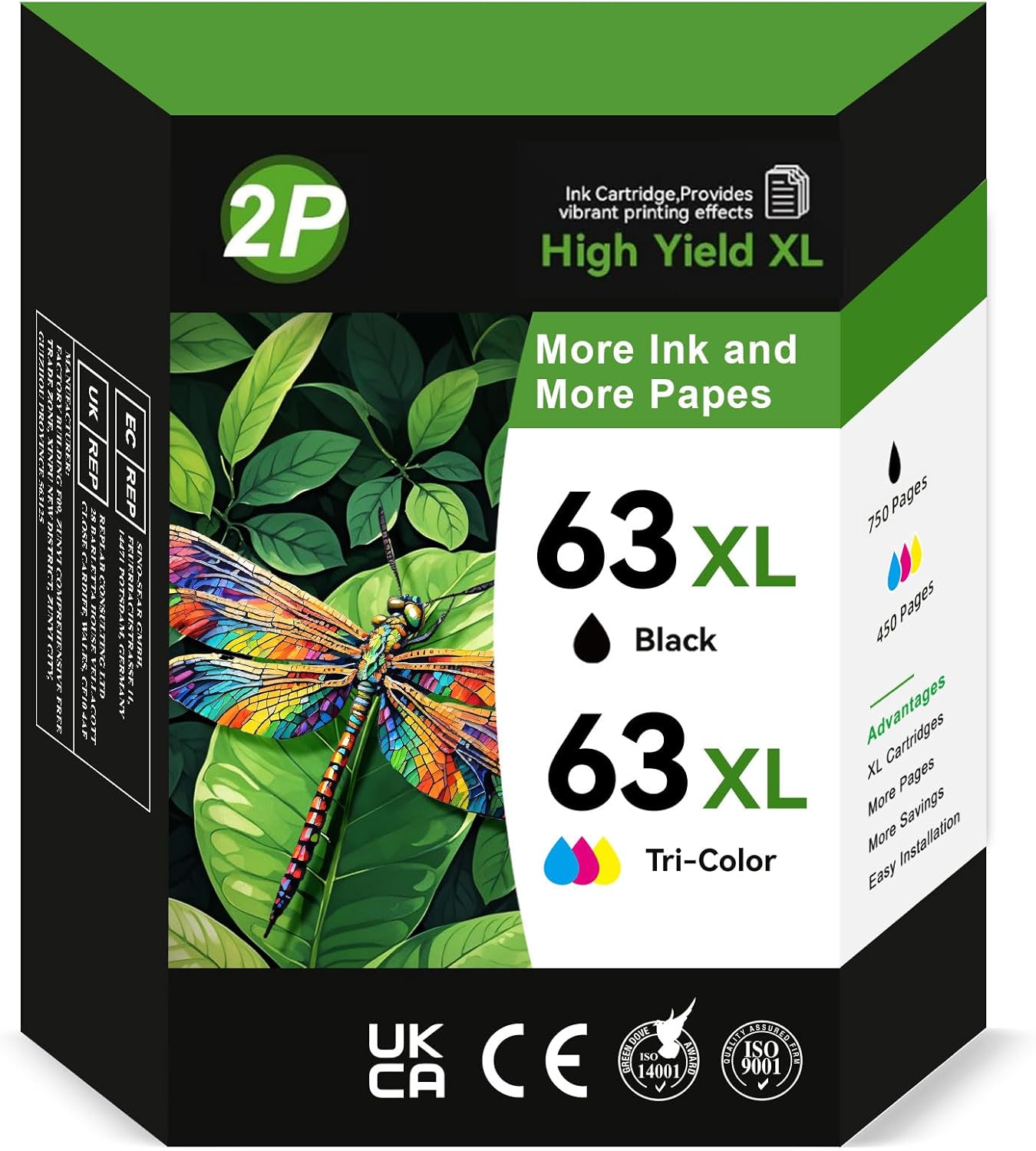 63XL Ink Cartridges for HP 63XL Ink Cartridges Combo Pack Black and Color Replacement for HP Ink 63 Fit for Officejet 3830 4650 5255 4655 Envy 4520 3634 4512 Deskjet 3636 3630 1110 Printer (2 Pack)