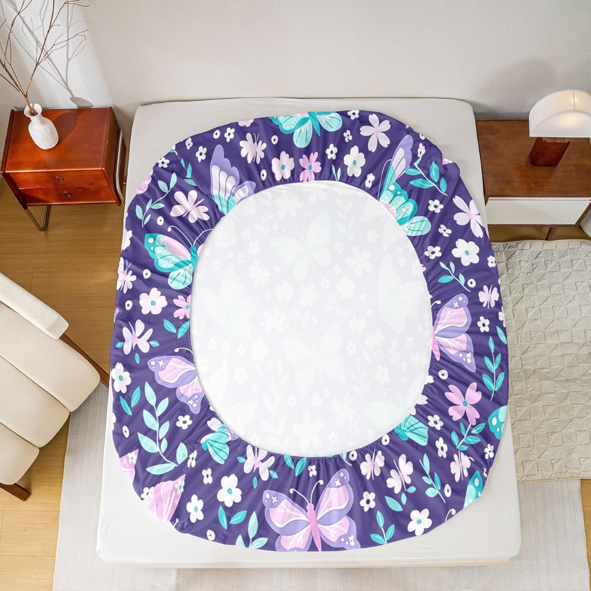 Homemissing Sábana bajera ajustable con 2 fundas de almohada, tamaño King, con estampado de mariposas moradas de 16 pulgadas de profundidad, sábana bajera ajustable para niños y niñas, bonita ropa de