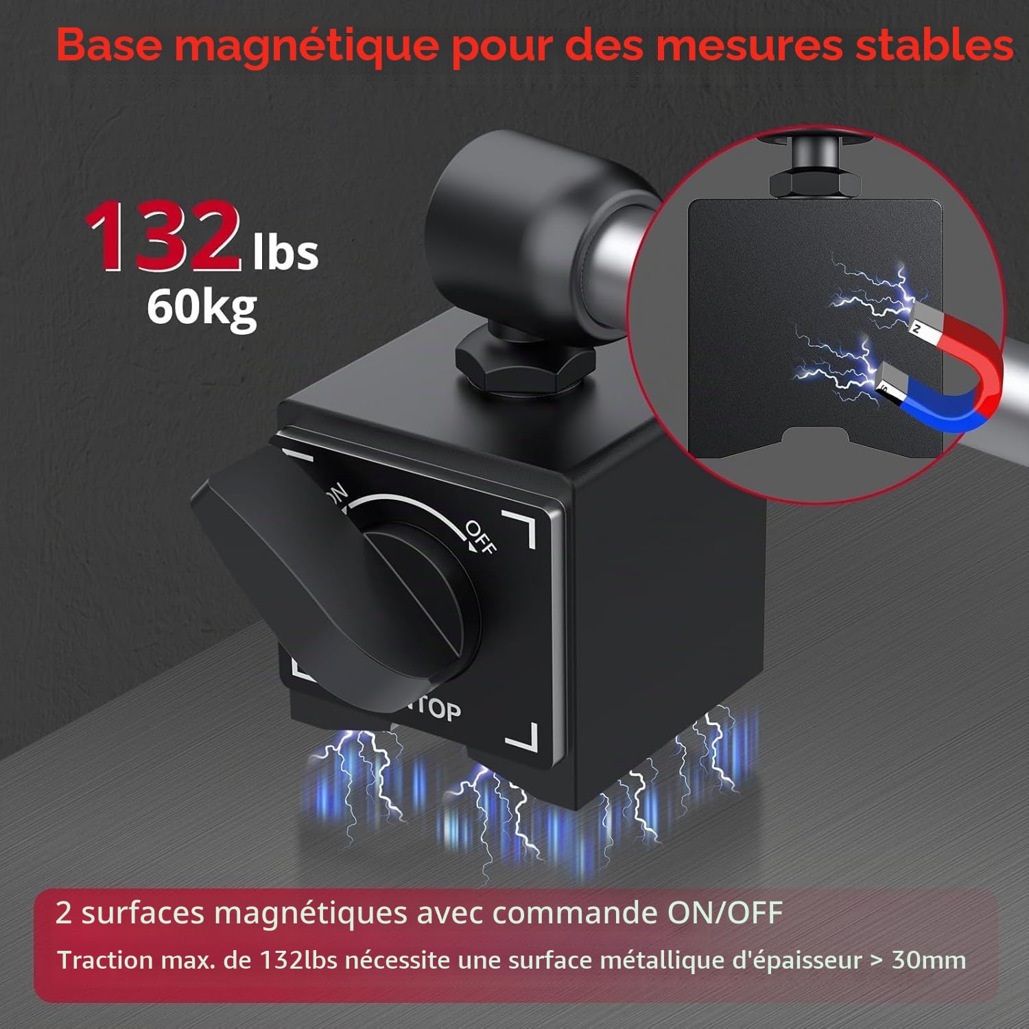 XUNTOP Comparateur Digital 0-25.4 mm avec Base Magnétique 60 kg Indicateur Numérique Haute Précision 0,01 mm Zéro Automatique Conversion mm/pouce Support Articulé pour CNC Tour Fraiseuse