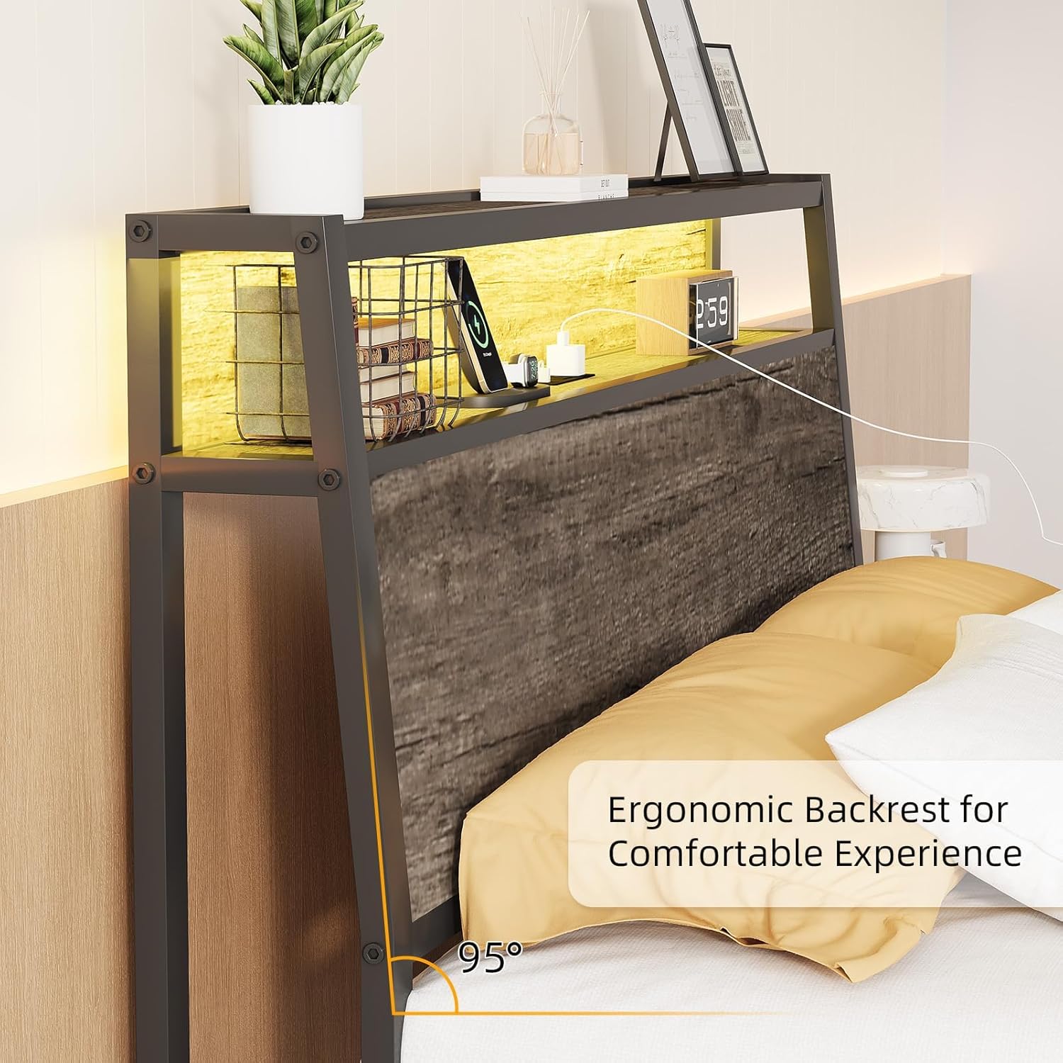 Twin Bed Frames, Twin Size Bed Frame with Charging Station LED and Light Storage Headboard, Metal Platform Bed Frame with Ergonomic Storage Headboard, No Box Spring Needed, Easy Assembly, Grey - Image 6