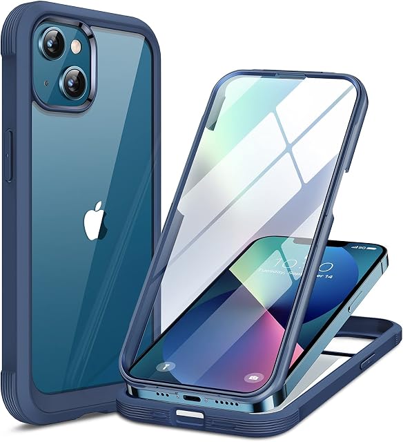 Miracase Compatible with iPhone 13 mini Case 5.4 inch, [Glass Screen Protector] Full Body Rubber Bumper Case Cover (Dark Blue)