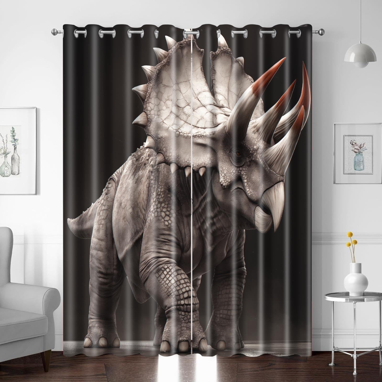 Lot de 2 Rideaux Occultants Dinosaure Animal Imprimé Rideau Opaque Thermique Isolant Anti Froid à Oeillets pour Enfant, 336x229 CM (L x H) Decoration de Fenêtre pour Chambre Salon Moderne