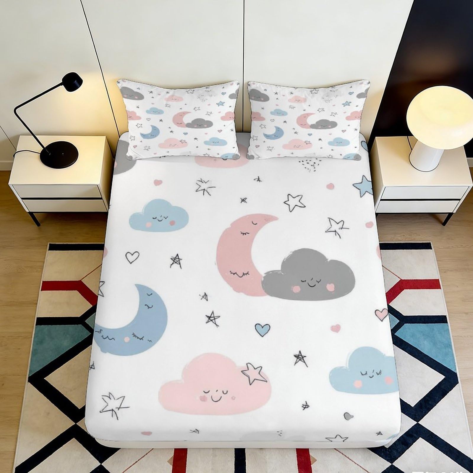 3D Printed Cute Moon and Cloud Fitted Sheet Microfiber Soft Breathable Star Pattern Bed Cover for Bedroom Dormitory Guest Room Mattress Protection 180x200x25cm