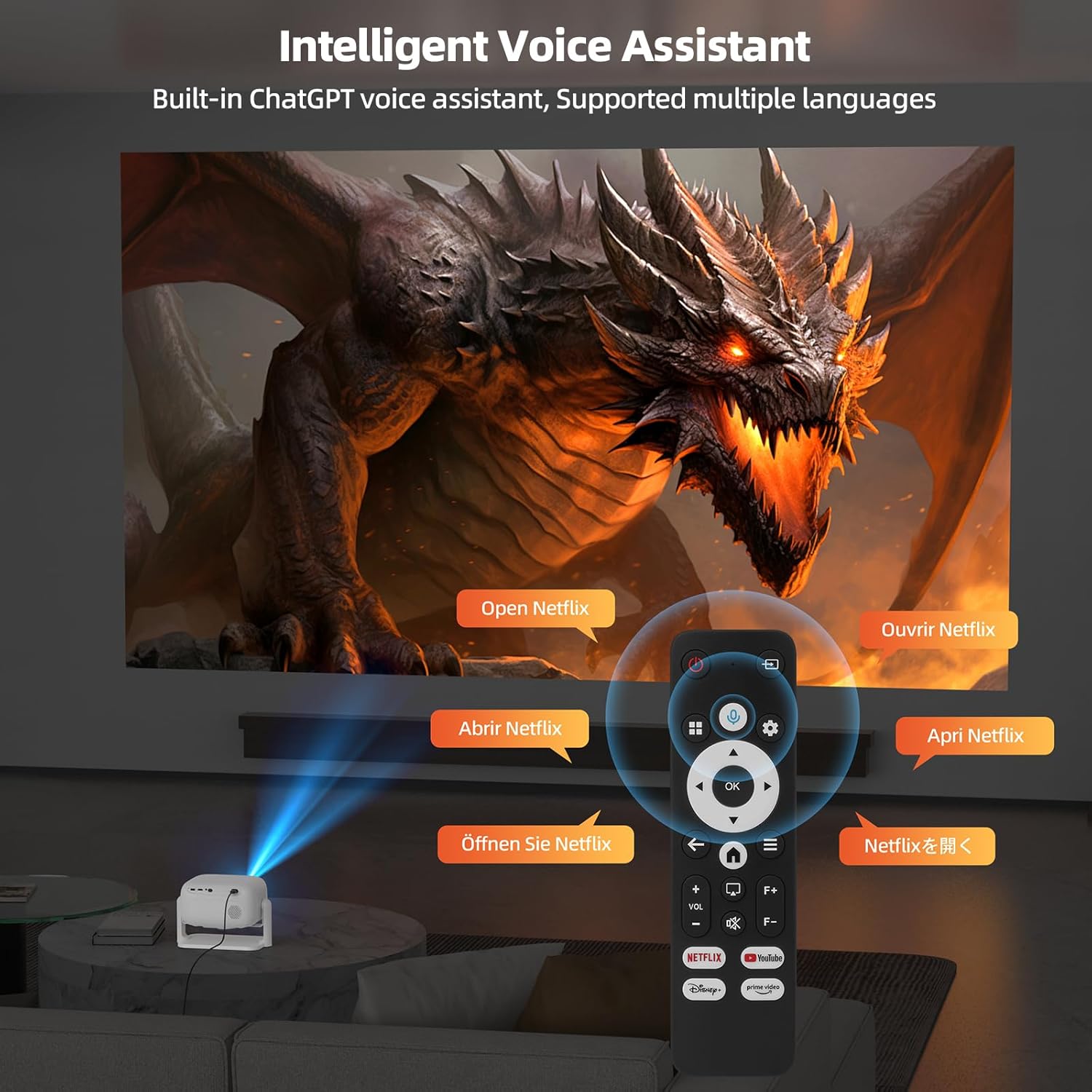 BETTDOW AC1060 Projector displaying a movie scene with voice commands in multiple languages