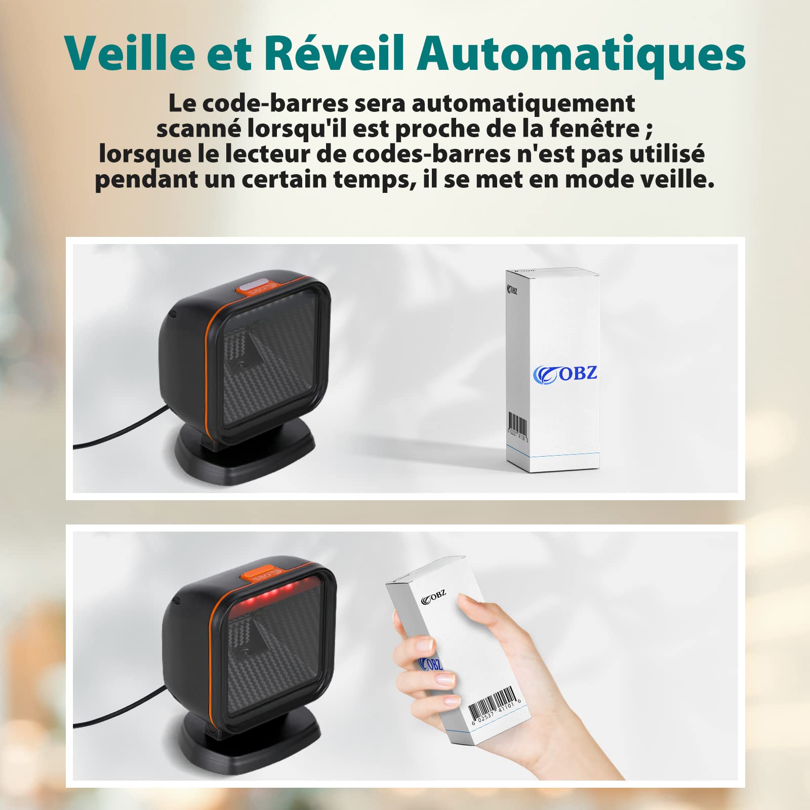 OBZ 1D 2D Desktop Barcode Scanner, QR Code Scanner USB Wired Hands-Free Barcode-Scanner Kassen Scanner mit Großem Scanfenster für Läden, Lager, Bibliotheken