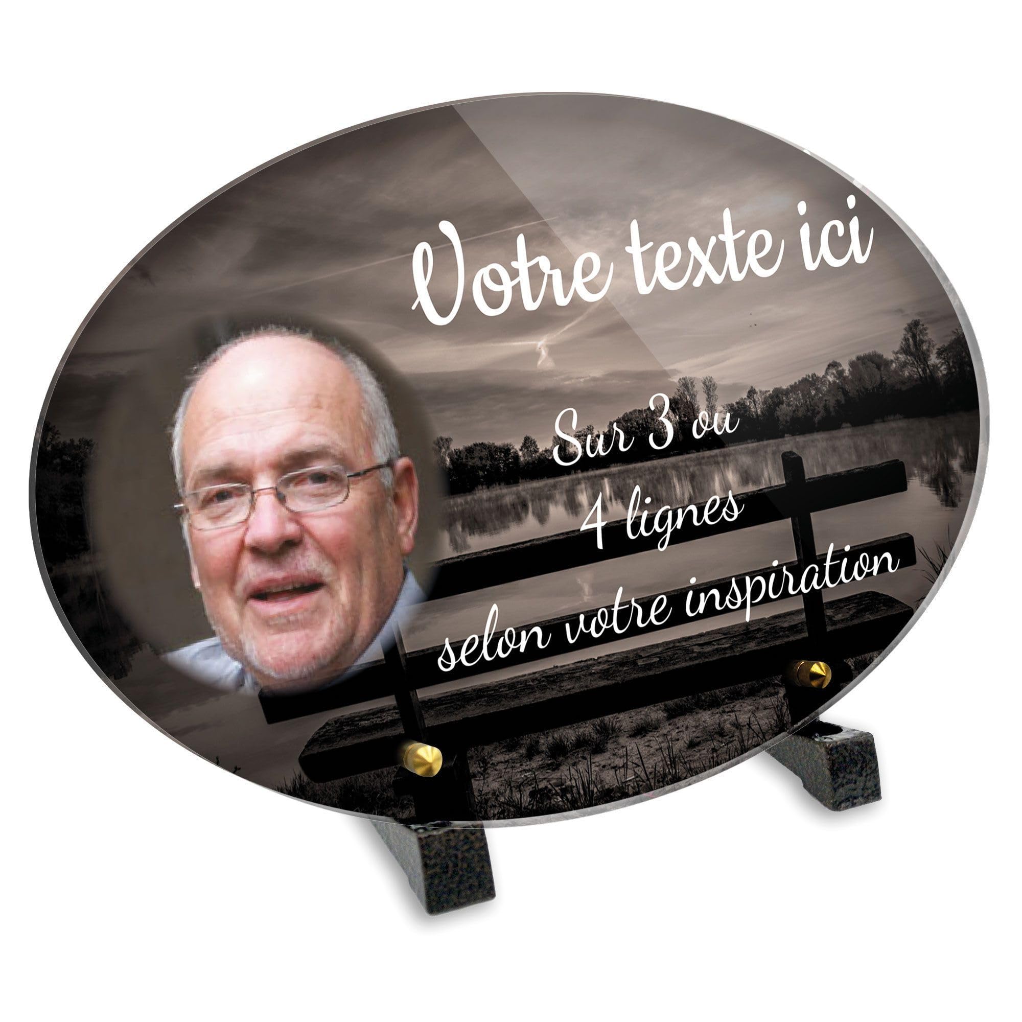 Plaque funéraire Ovale avec Photo Personnalisable en plexi Motif Banc Devant Un lac, différentes Tailles, épaisseur 6mm, personnalisée sur Plusieurs Lignes 30x20 cm