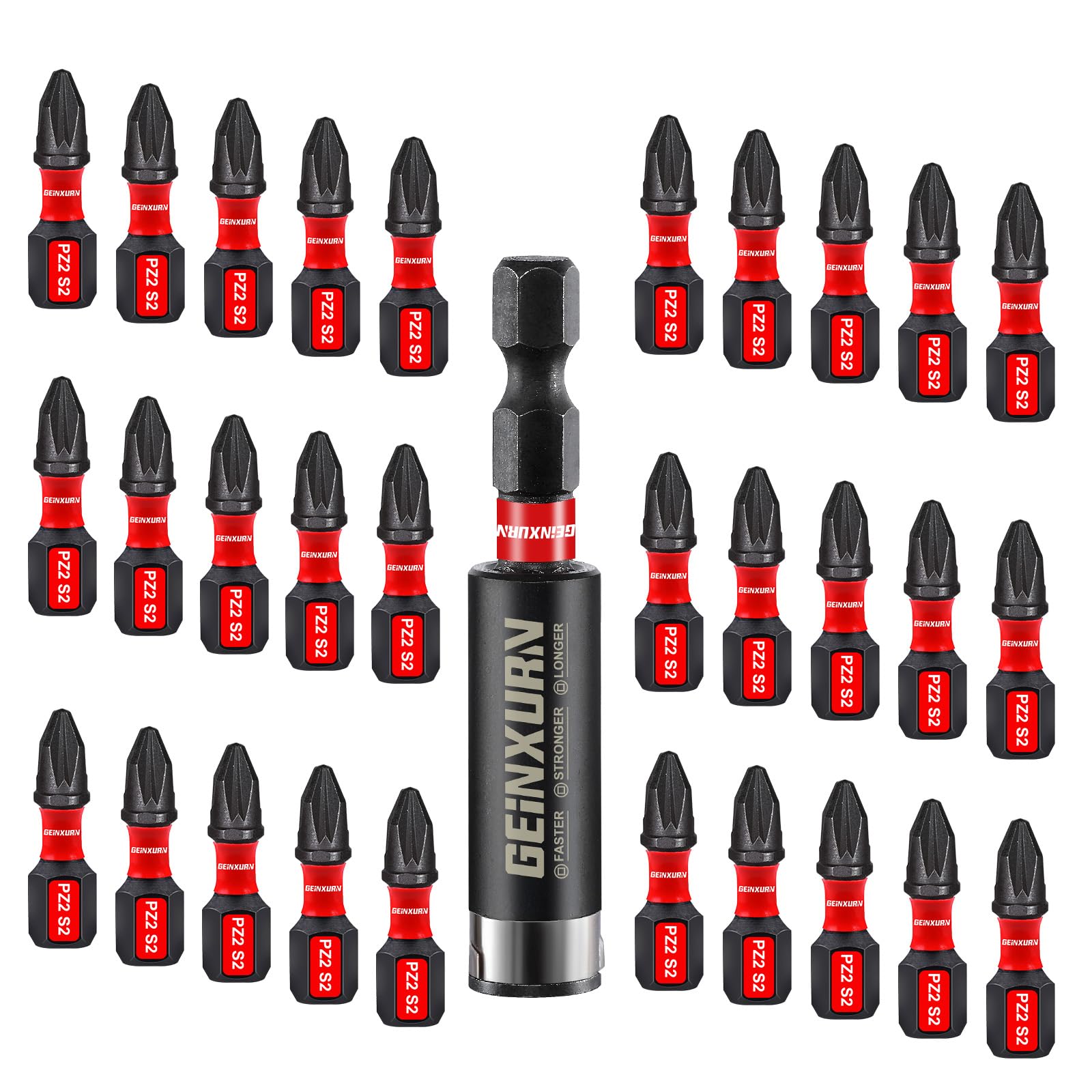 Geinxurn 30 Stück PZ2 Schrauber Bit Set, 25mm Länge #2 Pozidriv 1/4 zoll Sechskantschaft S2 Legierter Stahl Schlagfester Bitsatz mit 1 Stück 60mm Magnetische Bit-Halter