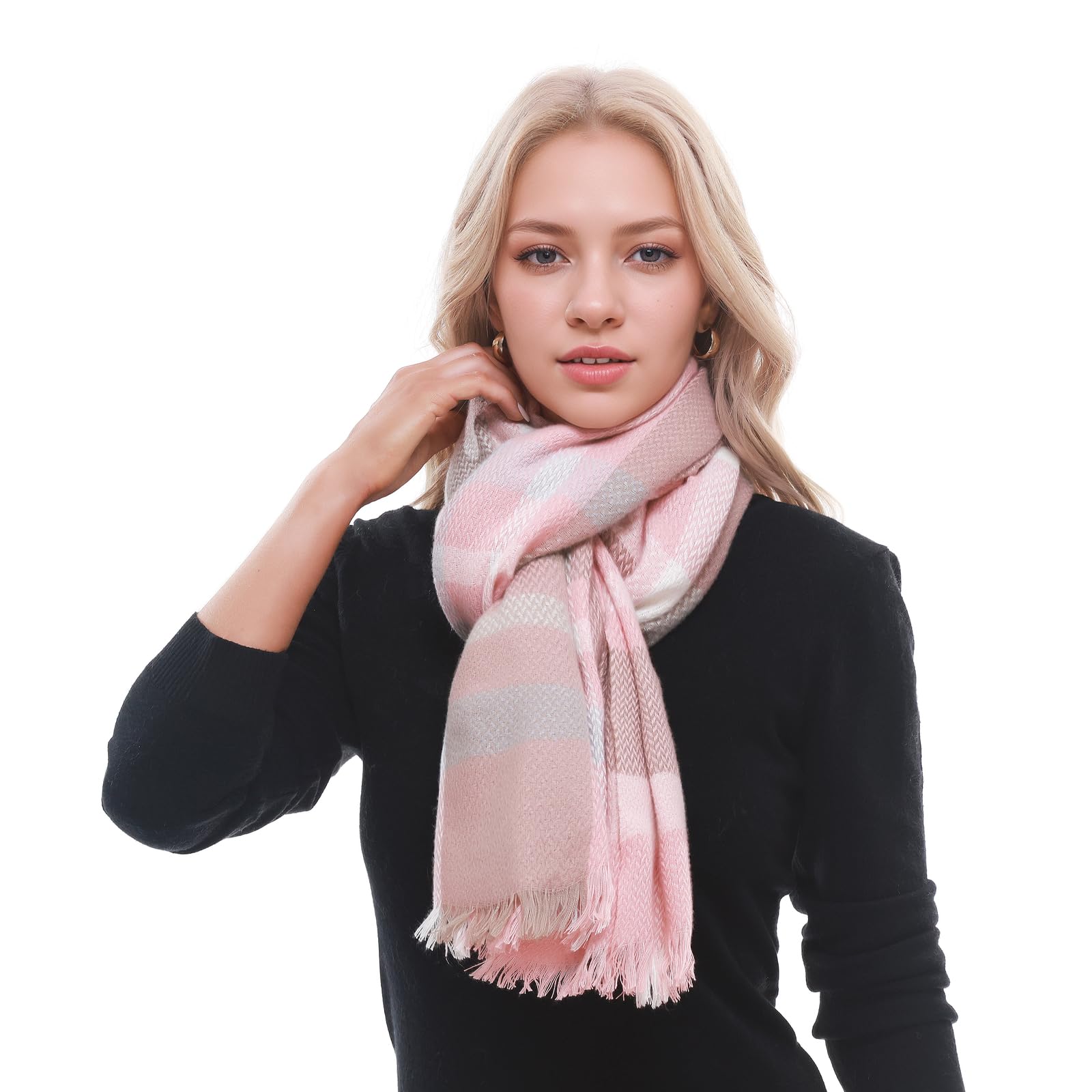Bufanda a cuadros para mujer, bufandas de invierno cálidas de gran tamaño, bufandas de tartán, Rosa/Caqui/Azul 2