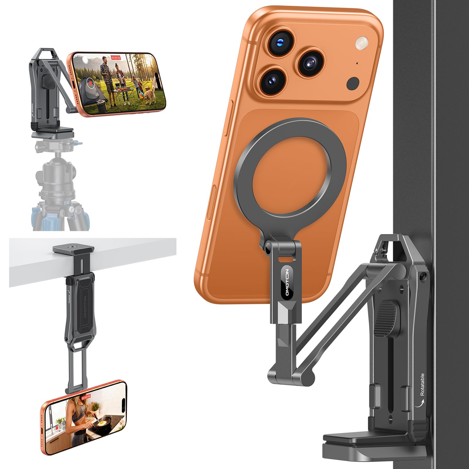 OMOTON TP02-Pro Magnetic Phone Holder, 5-in-1 Tripod Stand with Rear Attachment Plate | Desk, Kitchen, Gym, Vlogging | iPhone 12-17 Series, Grey