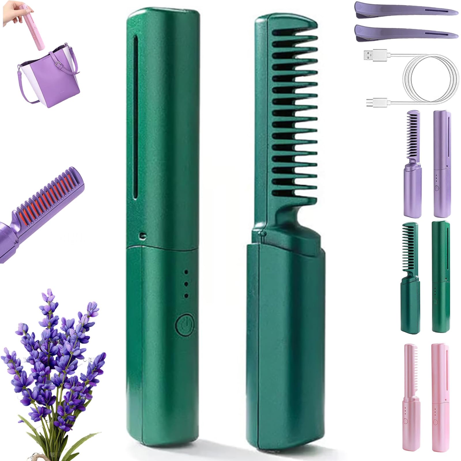 Cedar and Ash Ceramic Hairdressing Comb, Ceramic Hairdressing Comb, Mini Straightening Comb, Smooth, Frizz-Free Hair Anytime, Anywhere, 3 Heat Settings,USB Rechargeable,Cordless Fast Heat (Green)