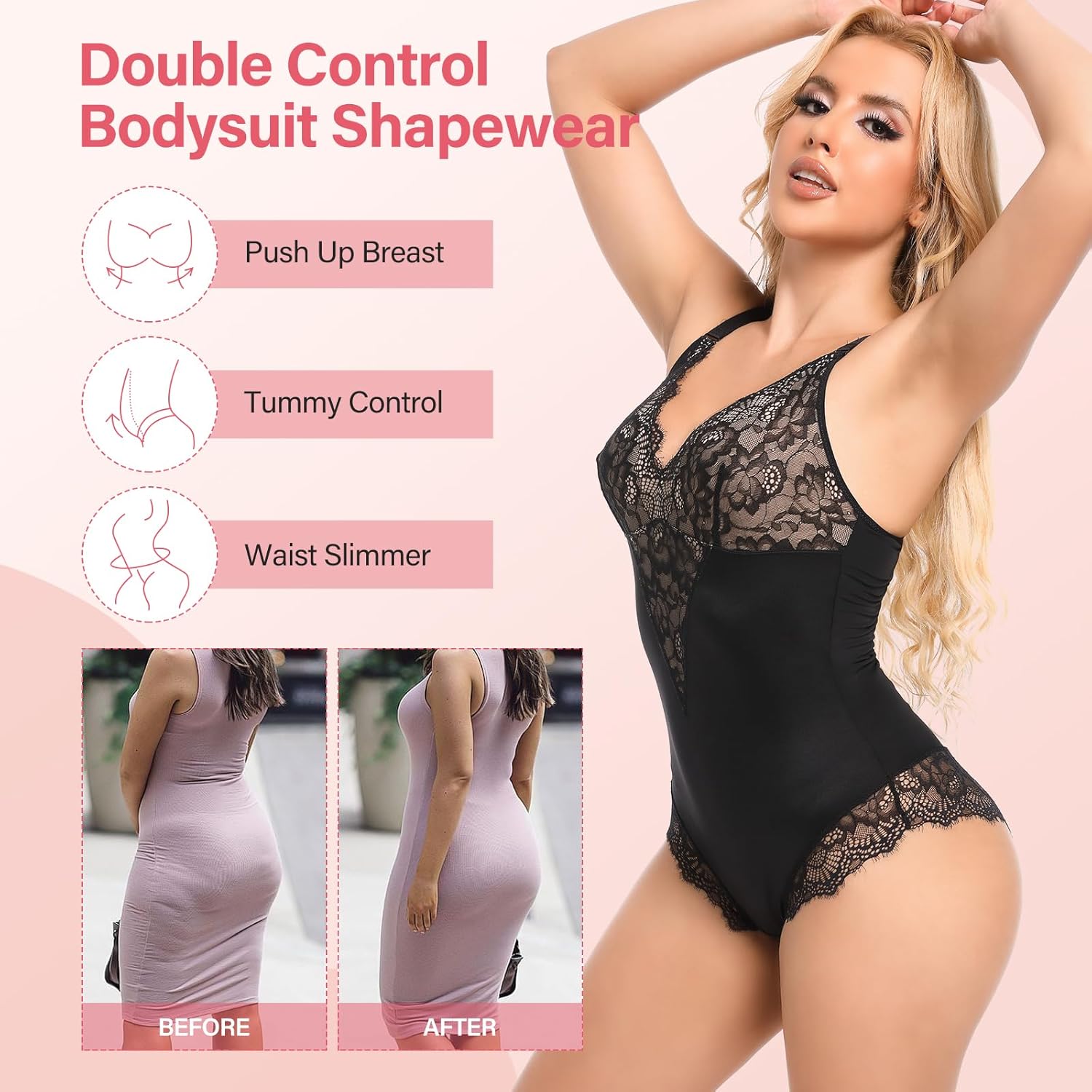woahee Sexy Lace Bodysuit Women's Sleeveless V Neck Tummy Control Shapewear Backless Thong Body Suit Shaper - Image 5