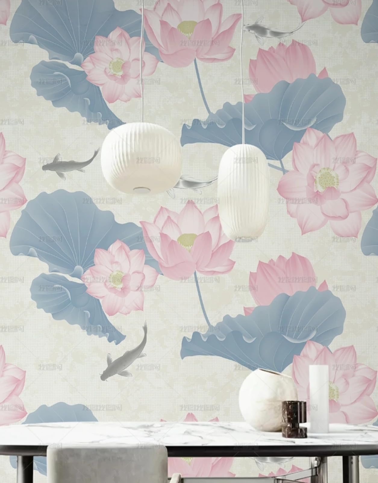 Papier peint autocollant pour chambre et salon motif feuille de lotus